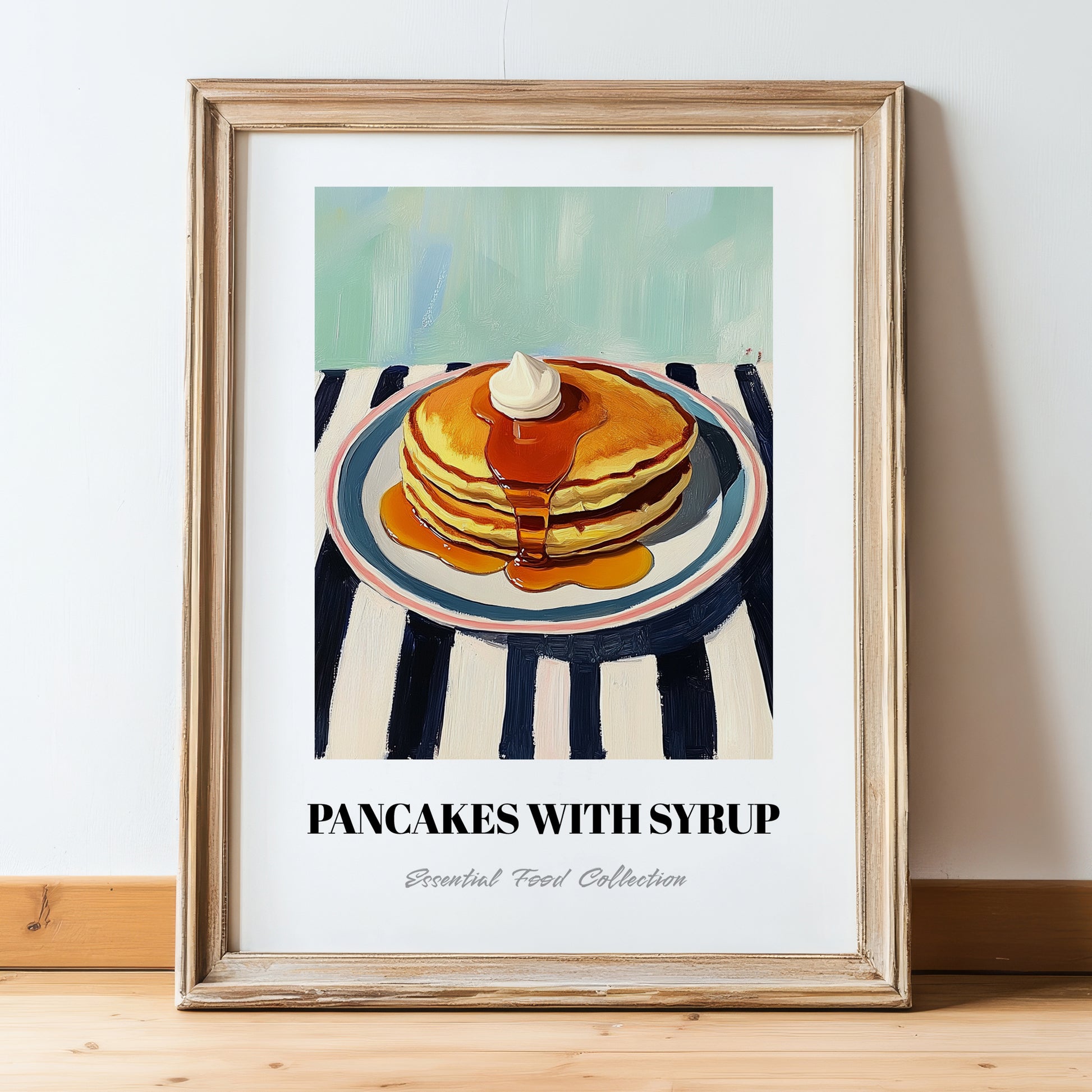 Pancakes With Syrup – on Striped Tablecloth, American Pastry Wall Decor, in wooden frame leaning on the floor