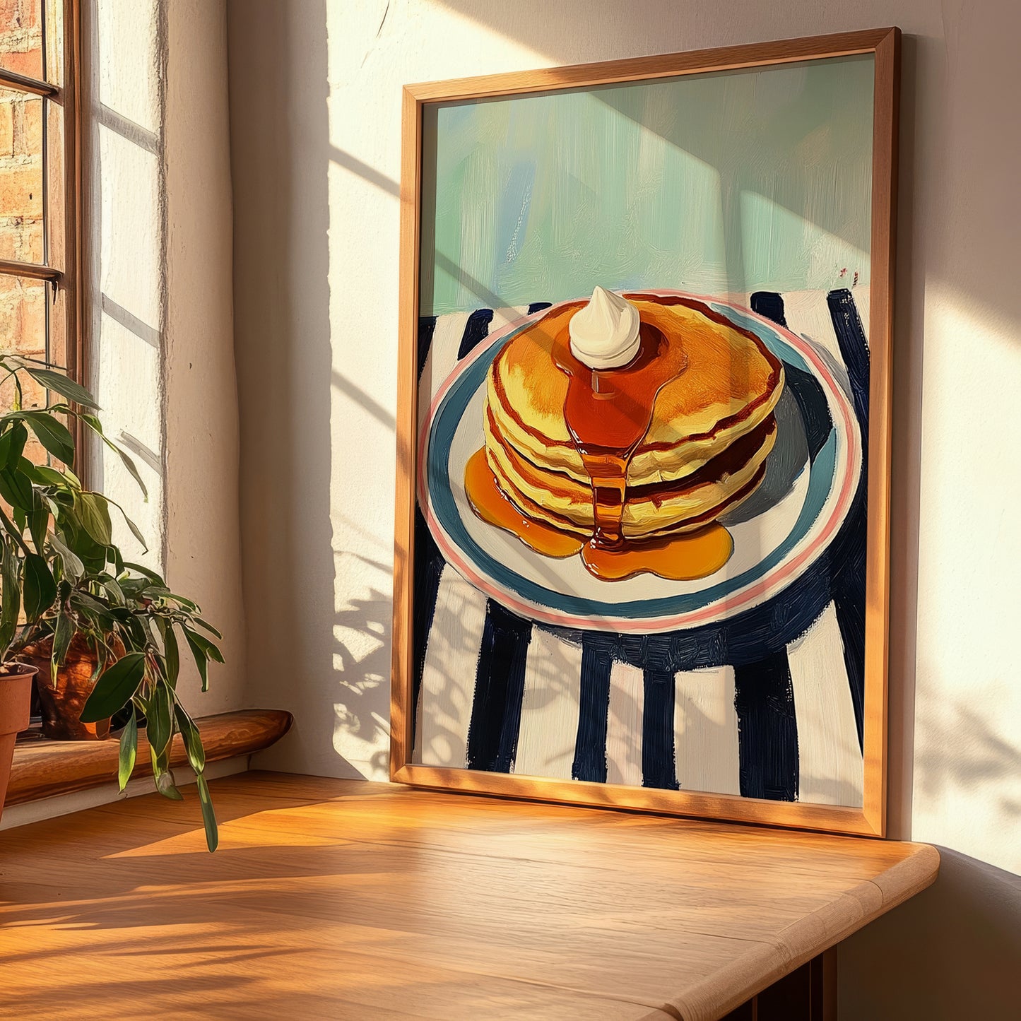 Pancakes With Syrup – on Striped Tablecloth, American Pastry Wall Decor, clean layout with no caption