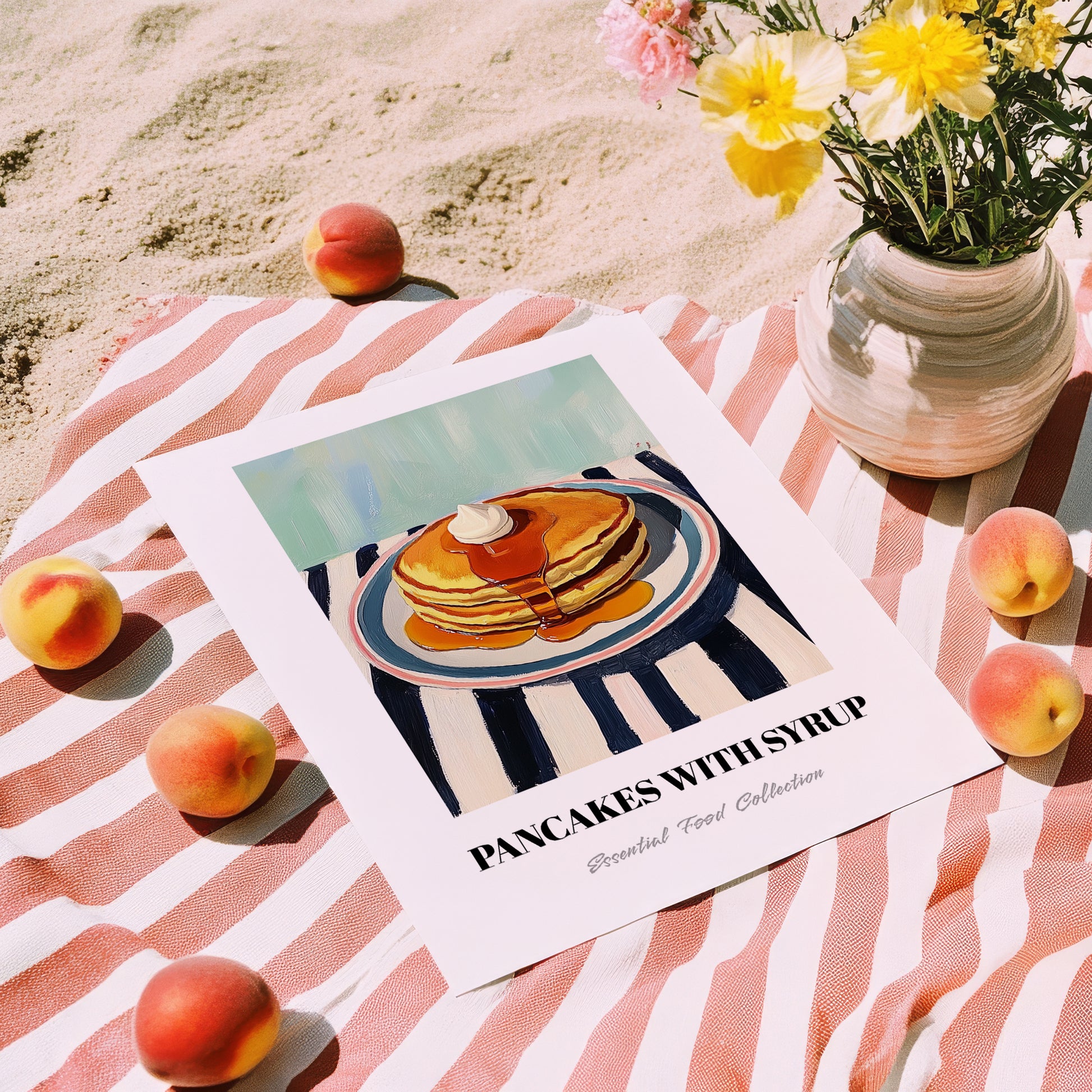 Pancakes With Syrup – on Striped Tablecloth, American Pastry Wall Decor, unframed on coastal sand