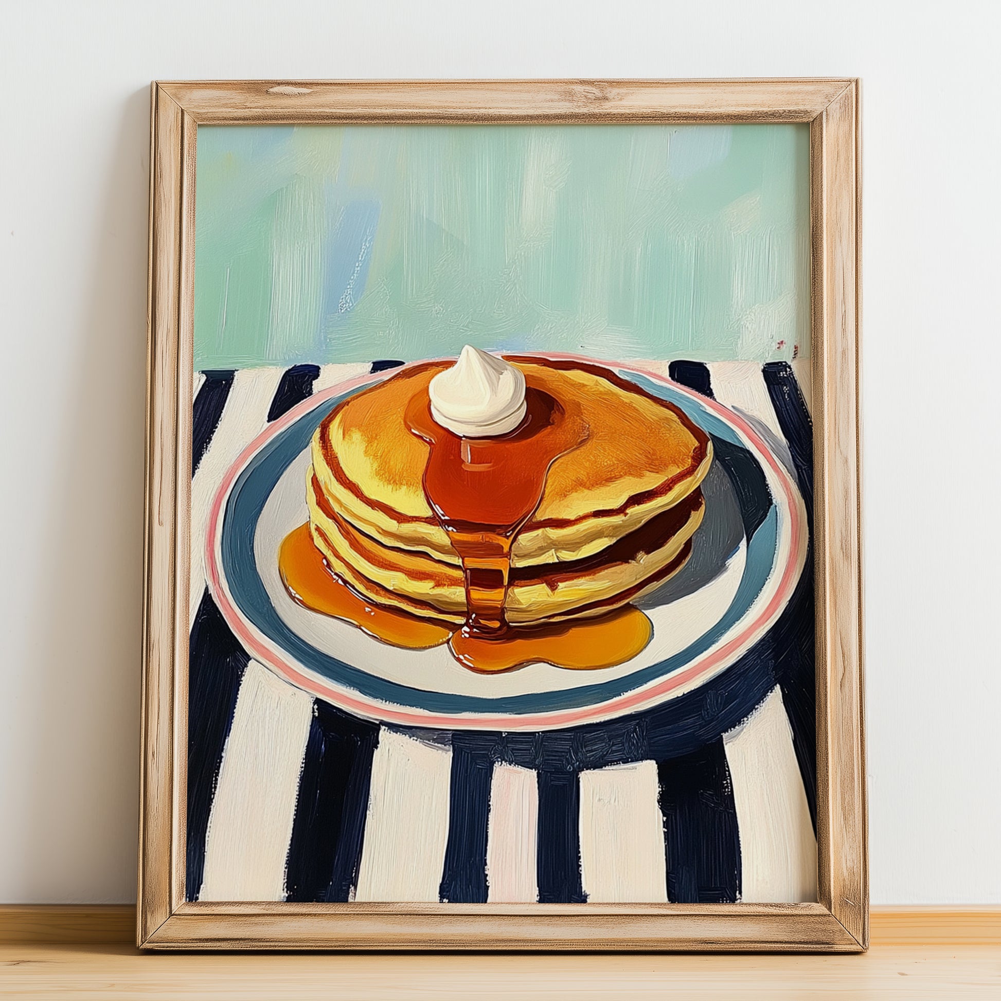 Pancakes With Syrup – on Striped Tablecloth, American Pastry Wall Decor, no-text version framed in wood