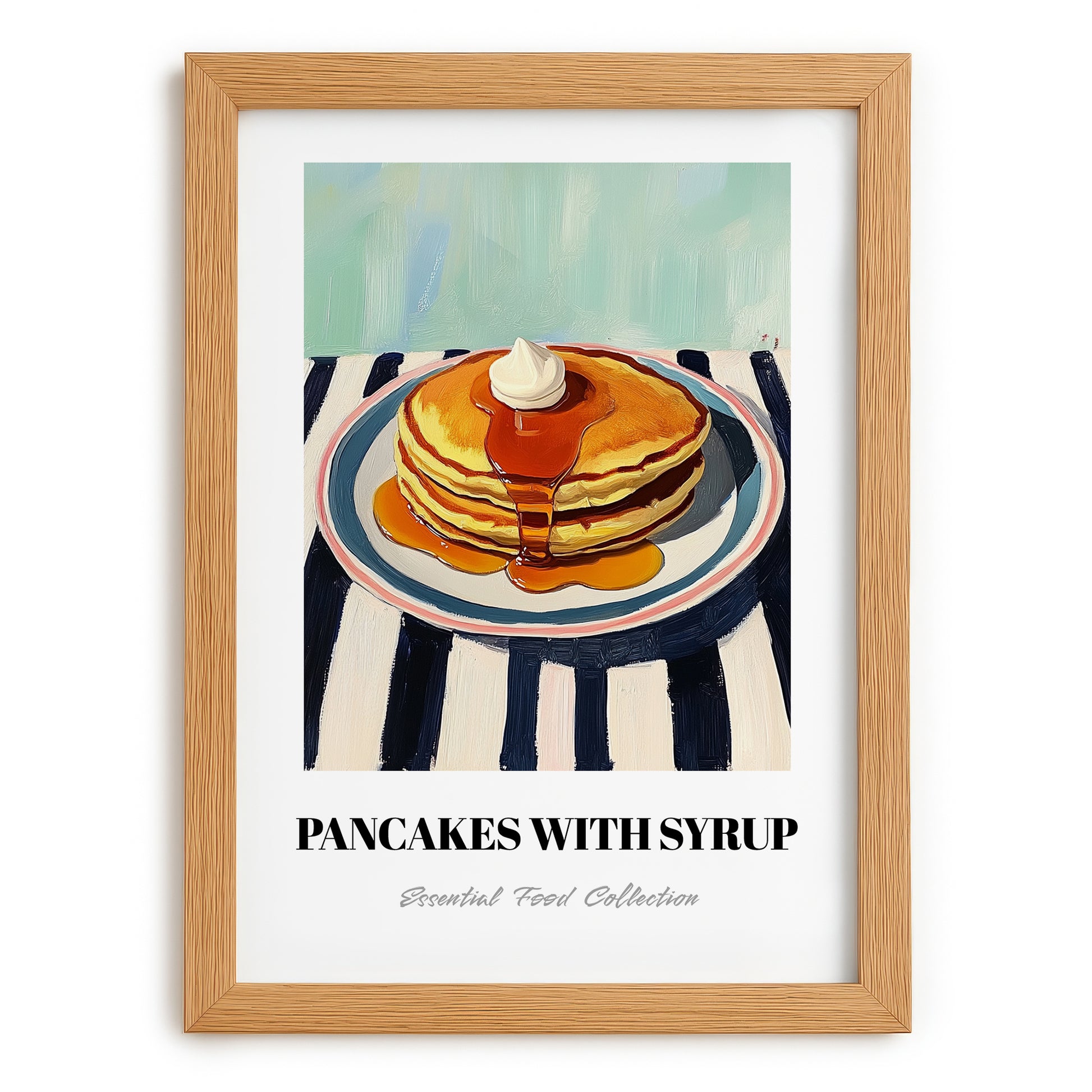 Pancakes With Syrup – on Striped Tablecloth, American Pastry Wall Decor, set in oak frame