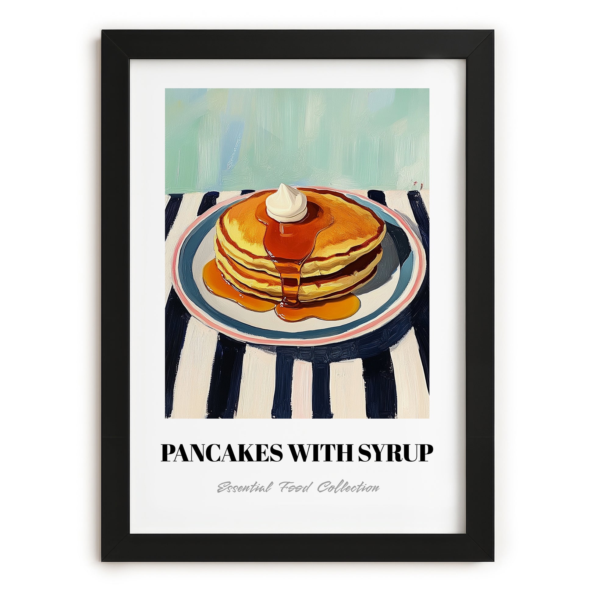 Pancakes With Syrup – on Striped Tablecloth, American Pastry Wall Decor, in sleek black frame