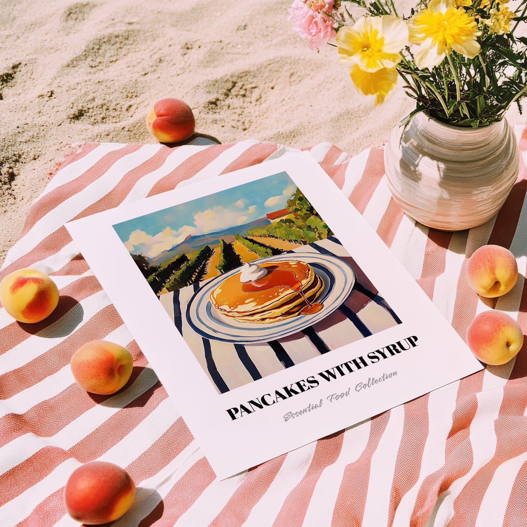 Pancakes With Syrup – Hilltop Table Scene, American Pastry Still Life, unframed on coastal sand