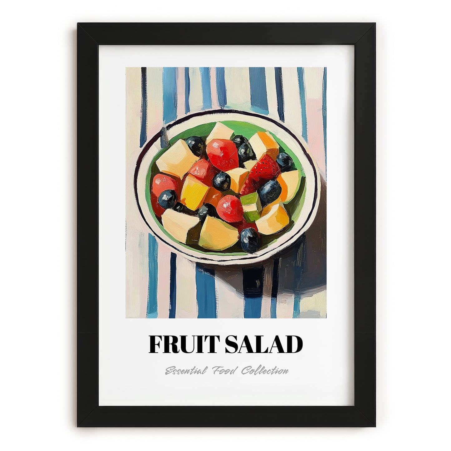 Fruit Salad – on Striped Tablecloth, American Food Still Life, in sleek black frame
