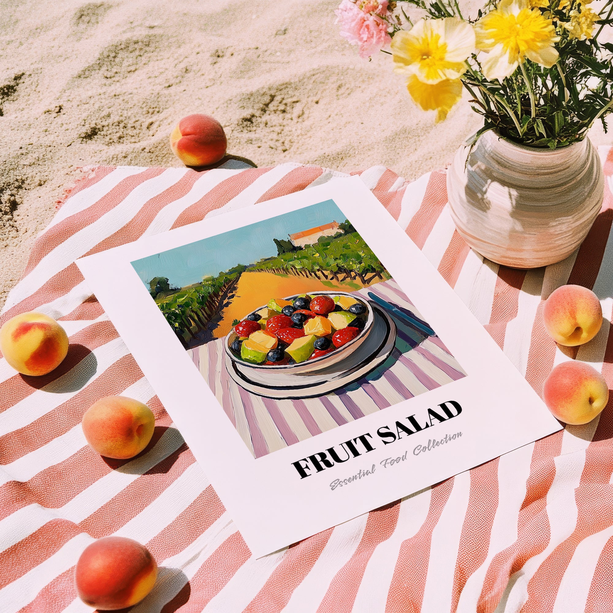 Fruit Salad – Hilltop Table Scene, American Food Wall Decor, unframed on coastal sand