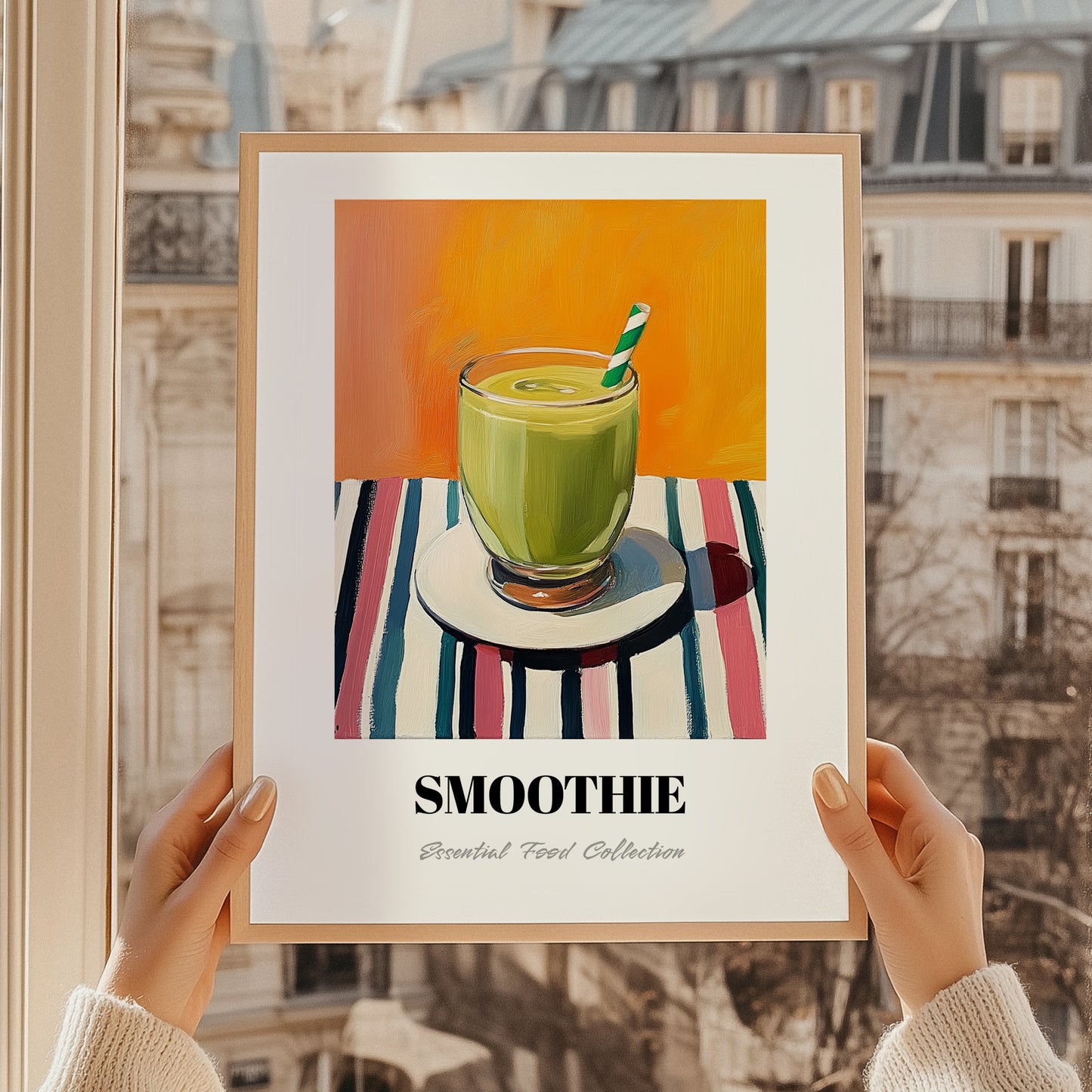 Smoothie – on Striped Tablecloth, American Drink Print, styled in a charming Paris street view