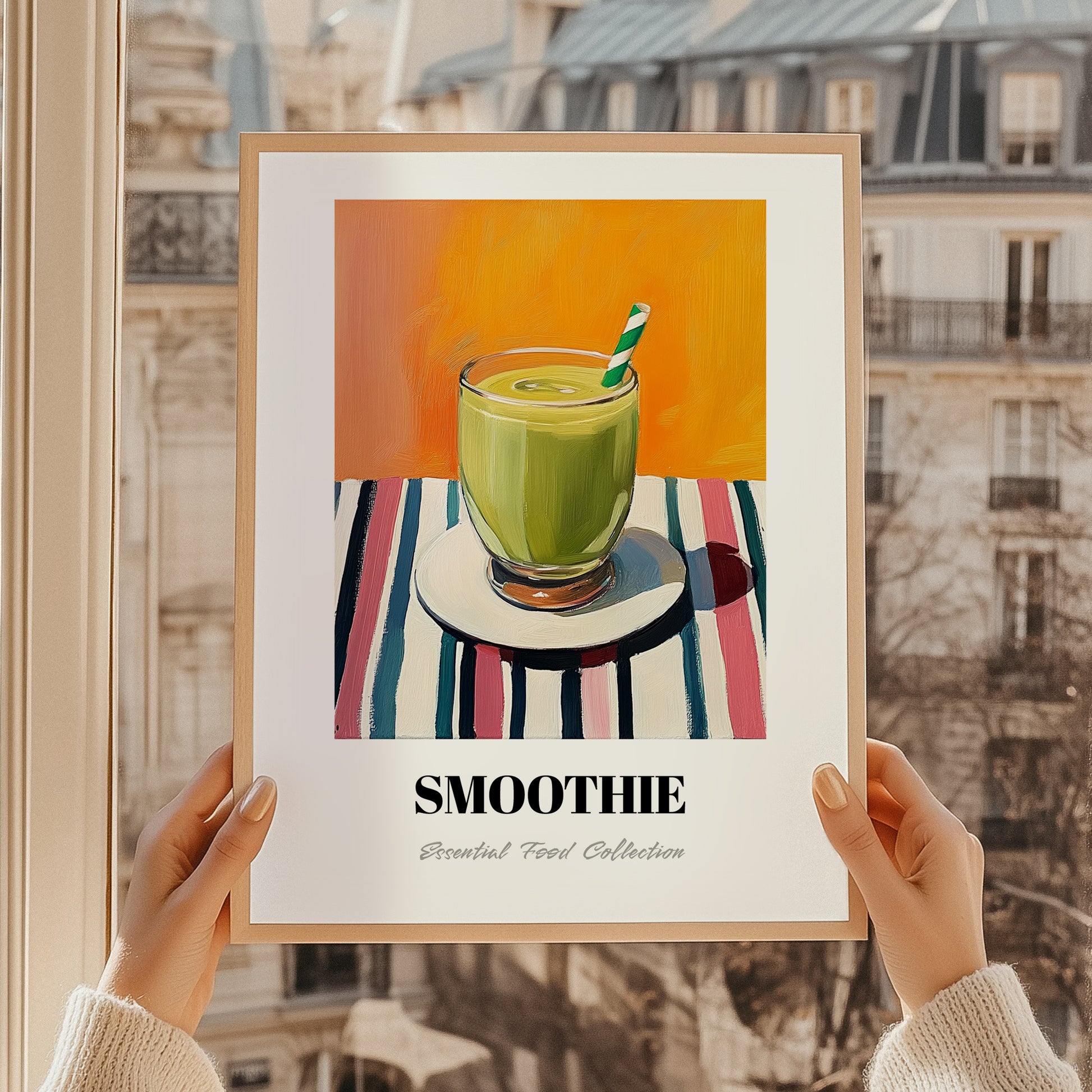 Smoothie – on Striped Tablecloth, American Drink Print, styled in a charming Paris street view