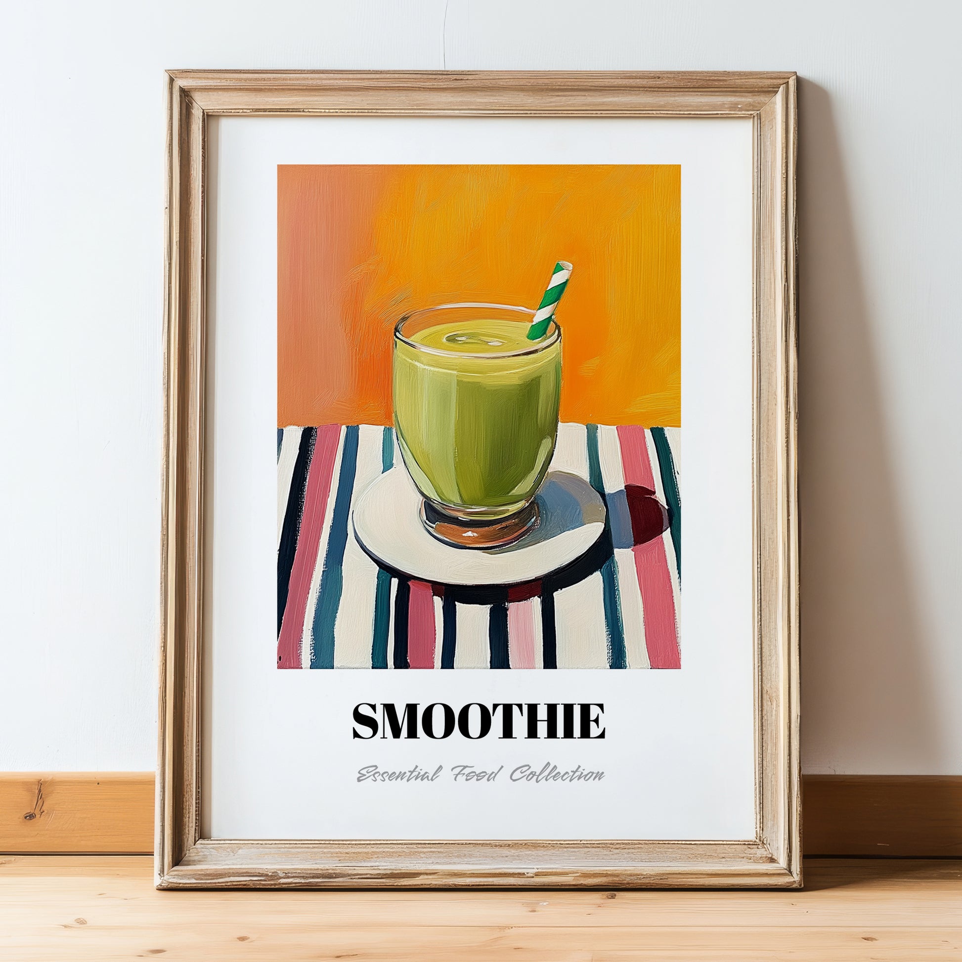 Smoothie – on Striped Tablecloth, American Drink Print, in wooden frame leaning on the floor