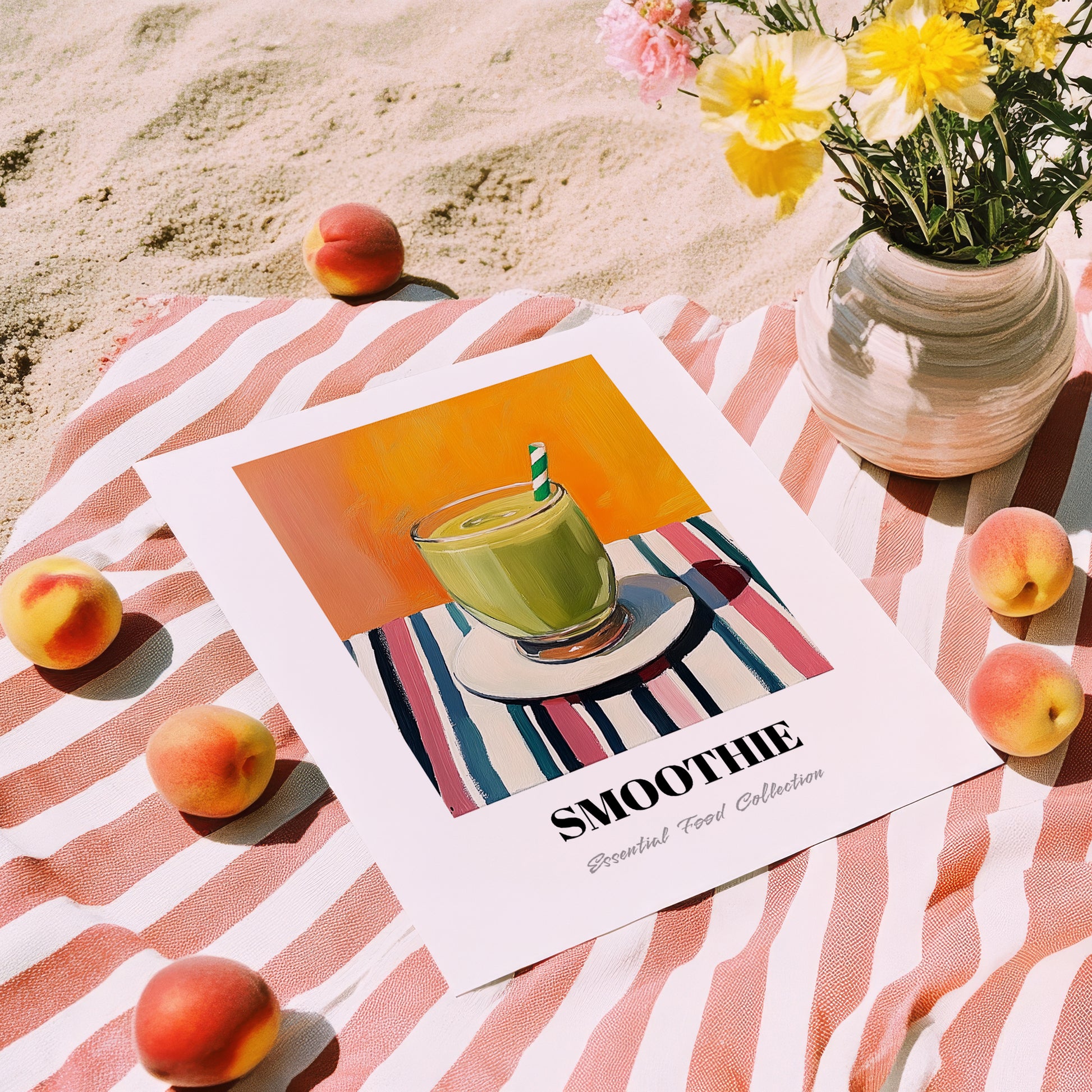 Smoothie – on Striped Tablecloth, American Drink Print, unframed on coastal sand