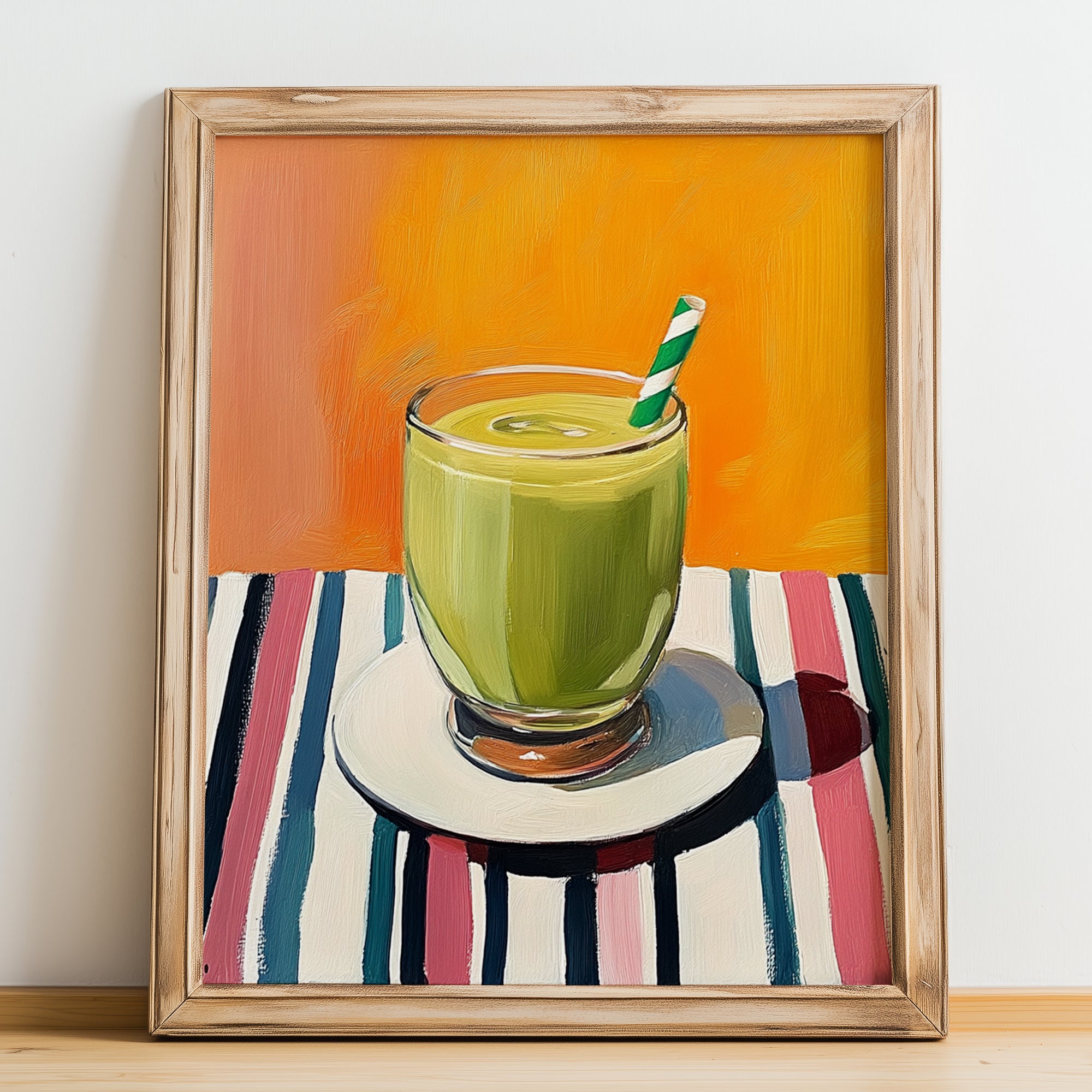 Smoothie – on Striped Tablecloth, American Drink Print, no-text version framed in wood