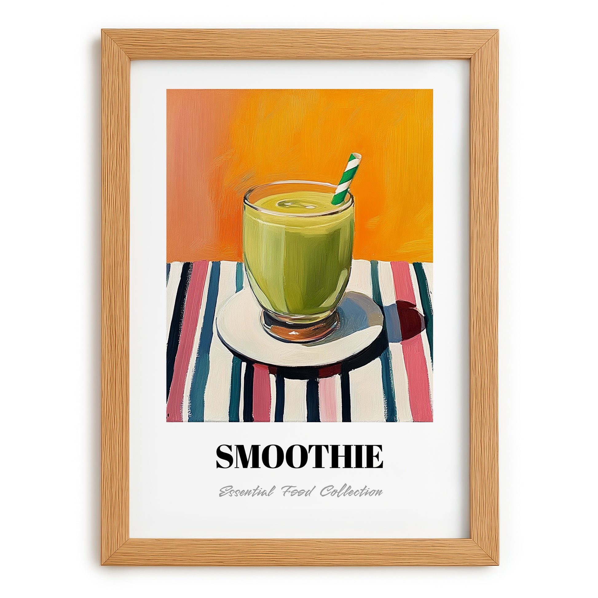 Smoothie – on Striped Tablecloth, American Drink Print, set in oak frame