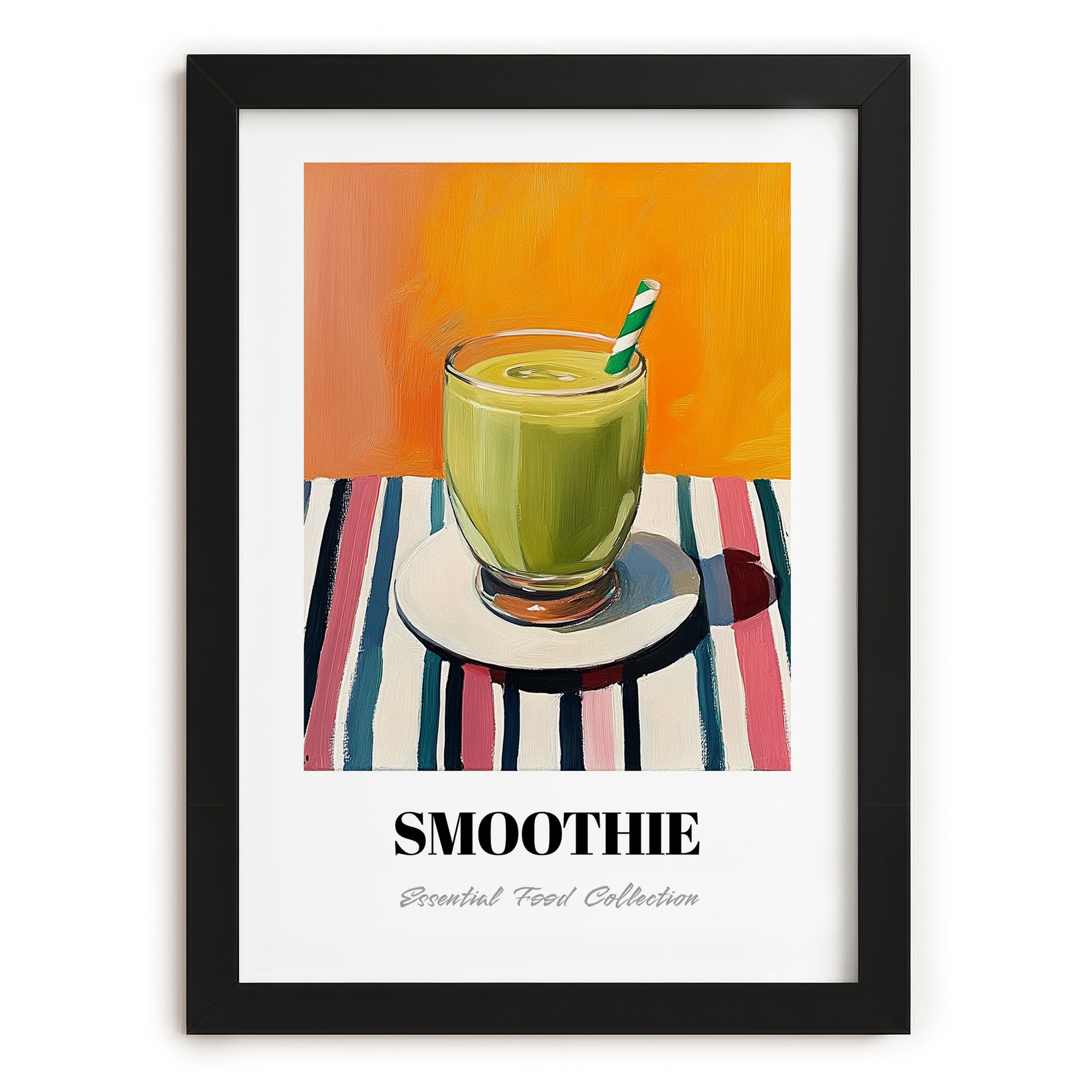 Smoothie – on Striped Tablecloth, American Drink Print, in sleek black frame