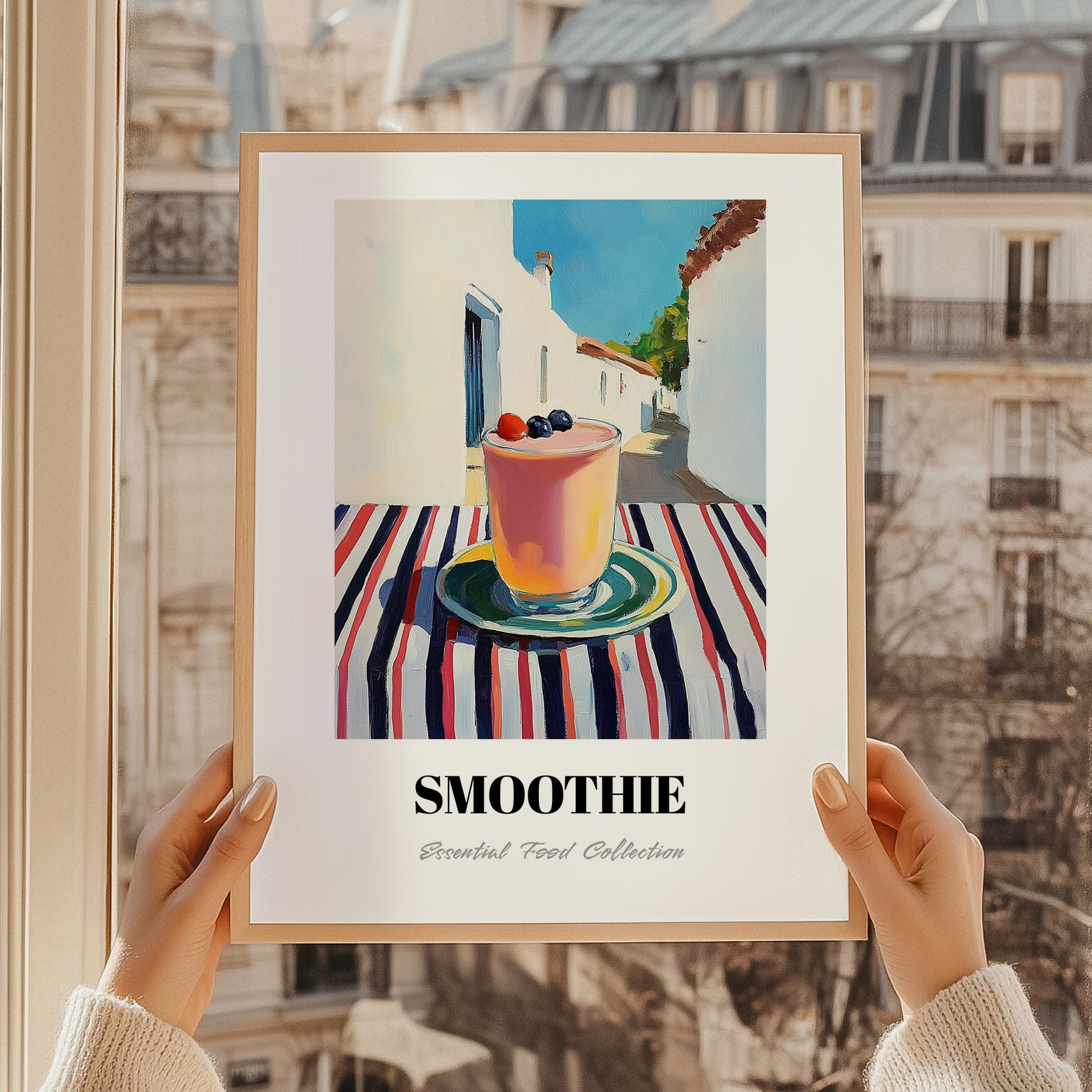 Smoothie – White village Urban Café Scene, American Drink Illustration, styled in a charming Paris street view