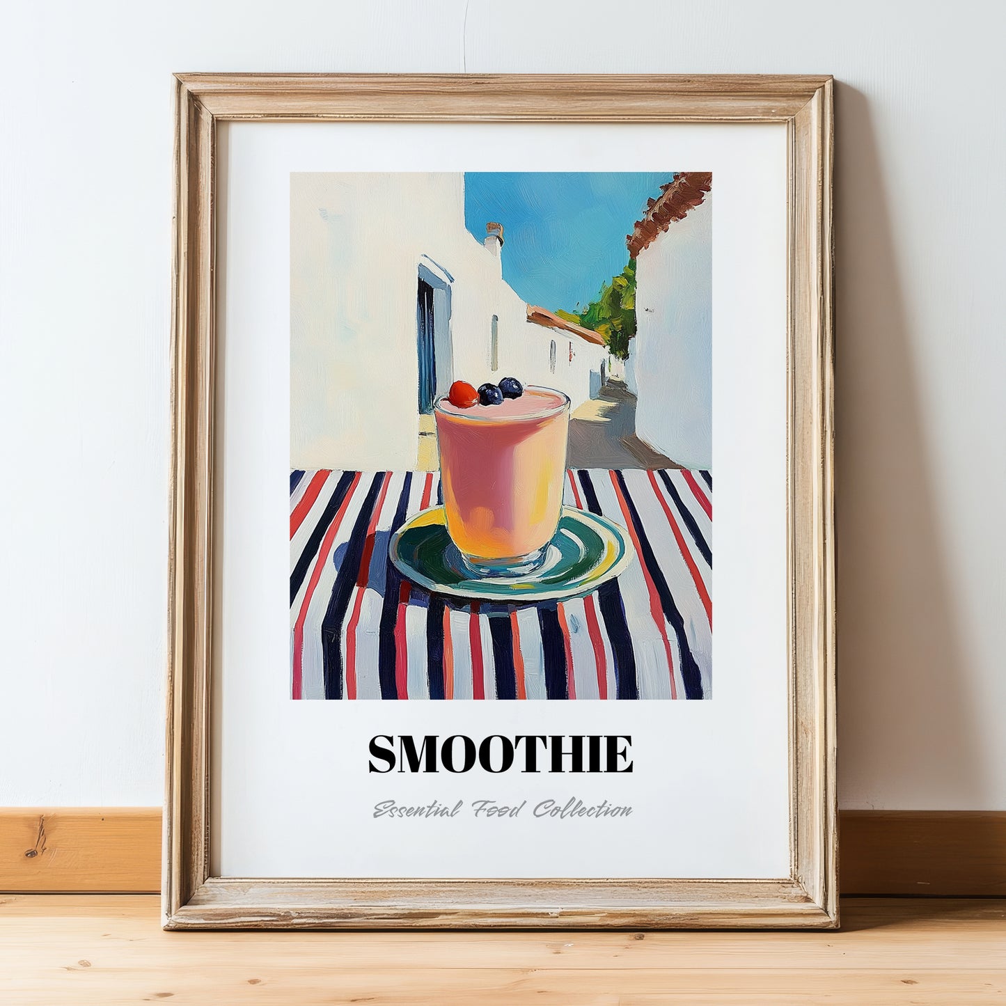 Smoothie – White village Urban Café Scene, American Drink Illustration, in wooden frame leaning on the floor