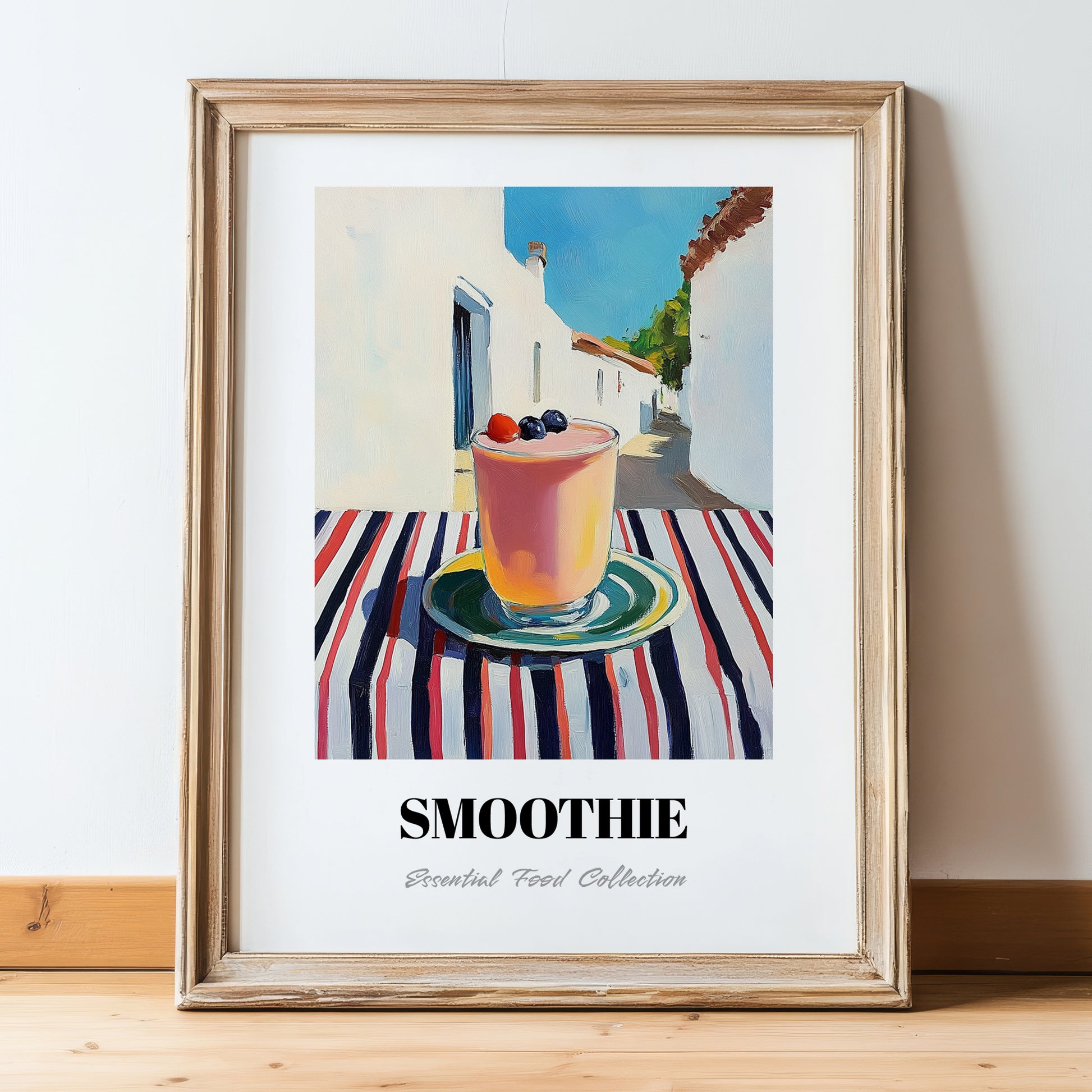 Smoothie – White village Urban Café Scene, American Drink Illustration, in wooden frame leaning on the floor