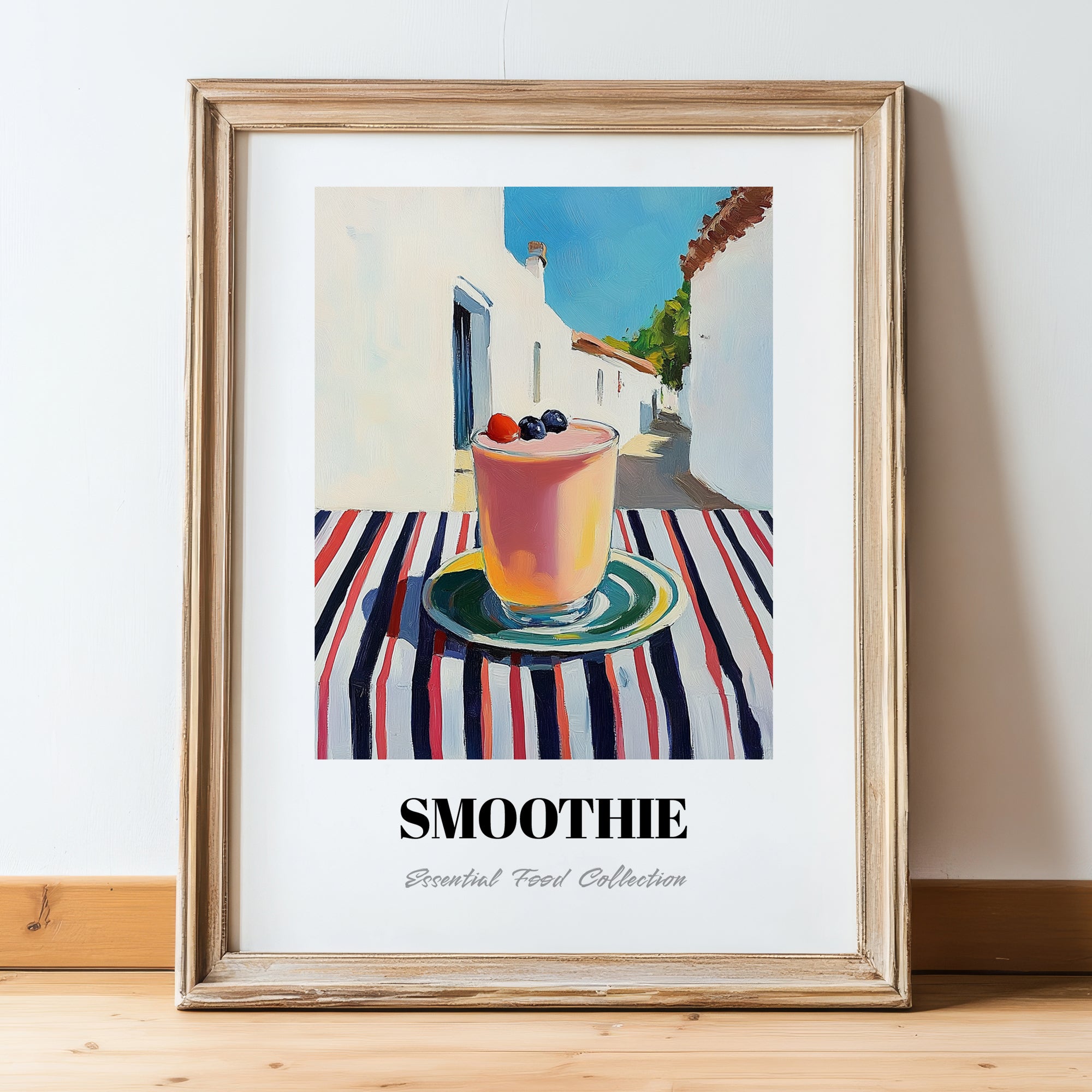 Smoothie – White village Urban Café Scene, American Drink Illustration, in wooden frame leaning on the floor