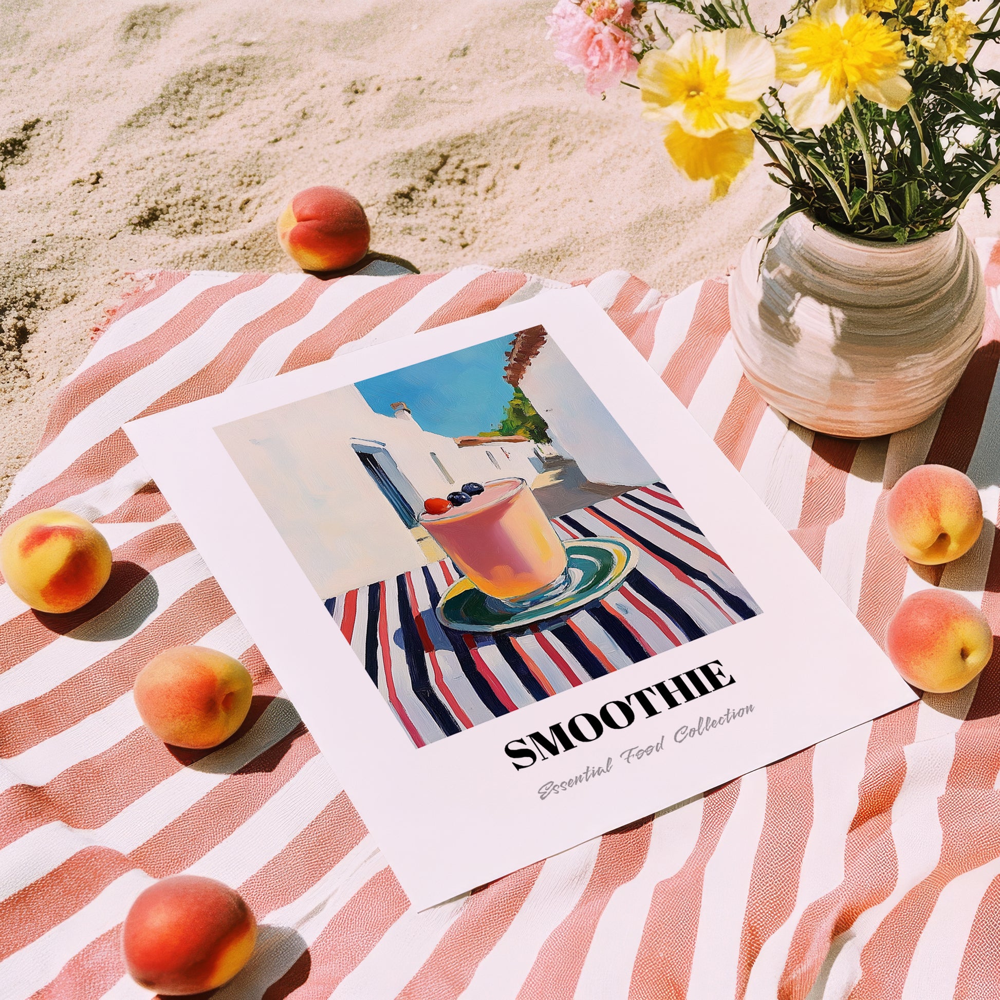 Smoothie – White village Urban Café Scene, American Drink Illustration, unframed on coastal sand