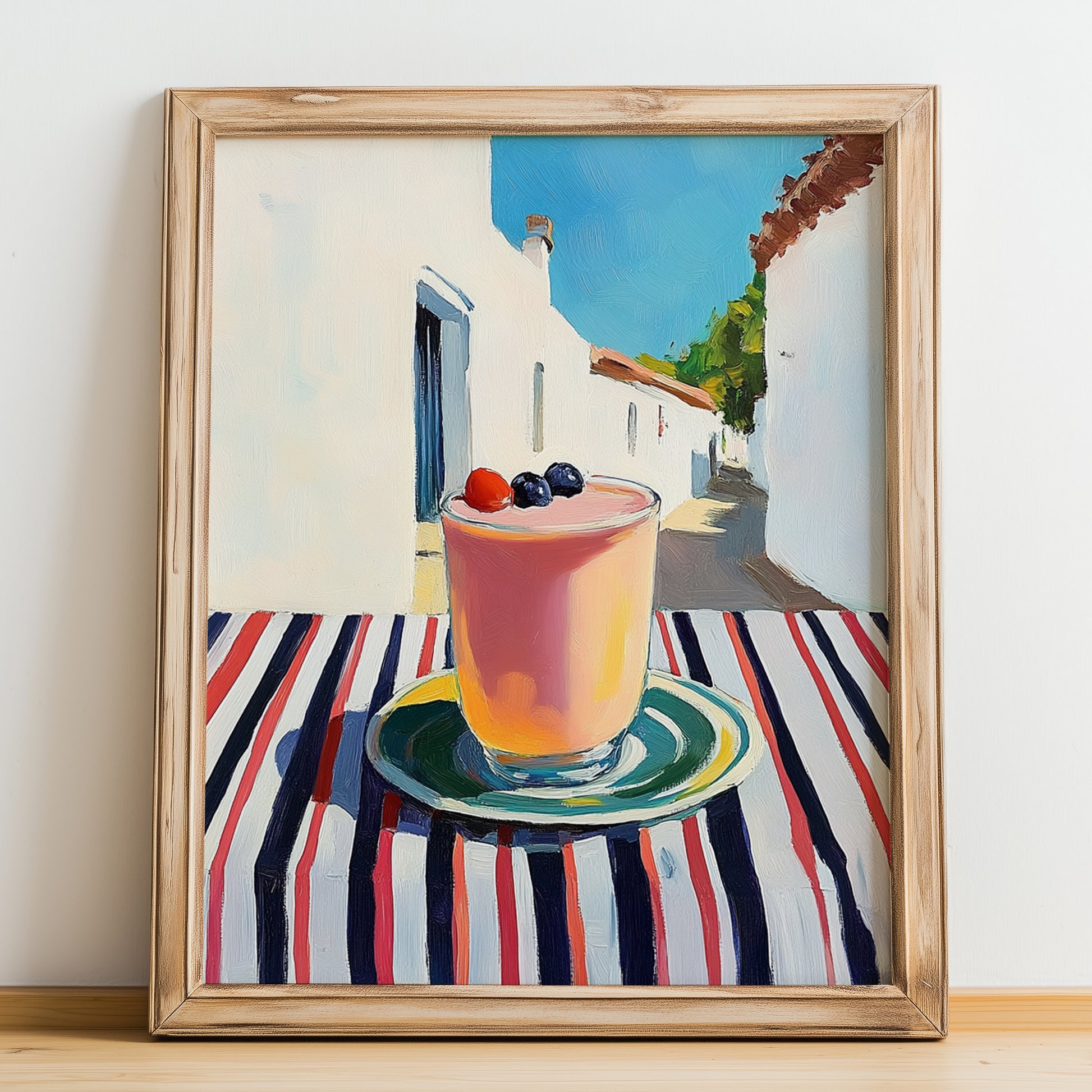 Smoothie – White village Urban Café Scene, American Drink Illustration, no-text version framed in wood