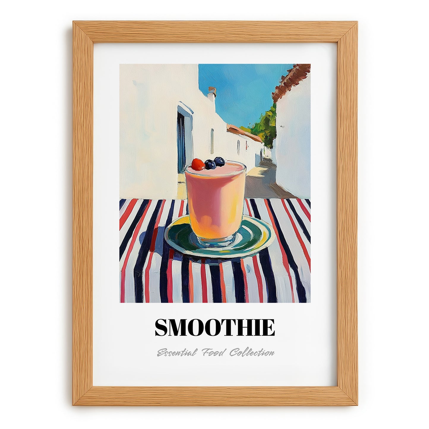Smoothie – White village Urban Café Scene, American Drink Illustration, set in oak frame