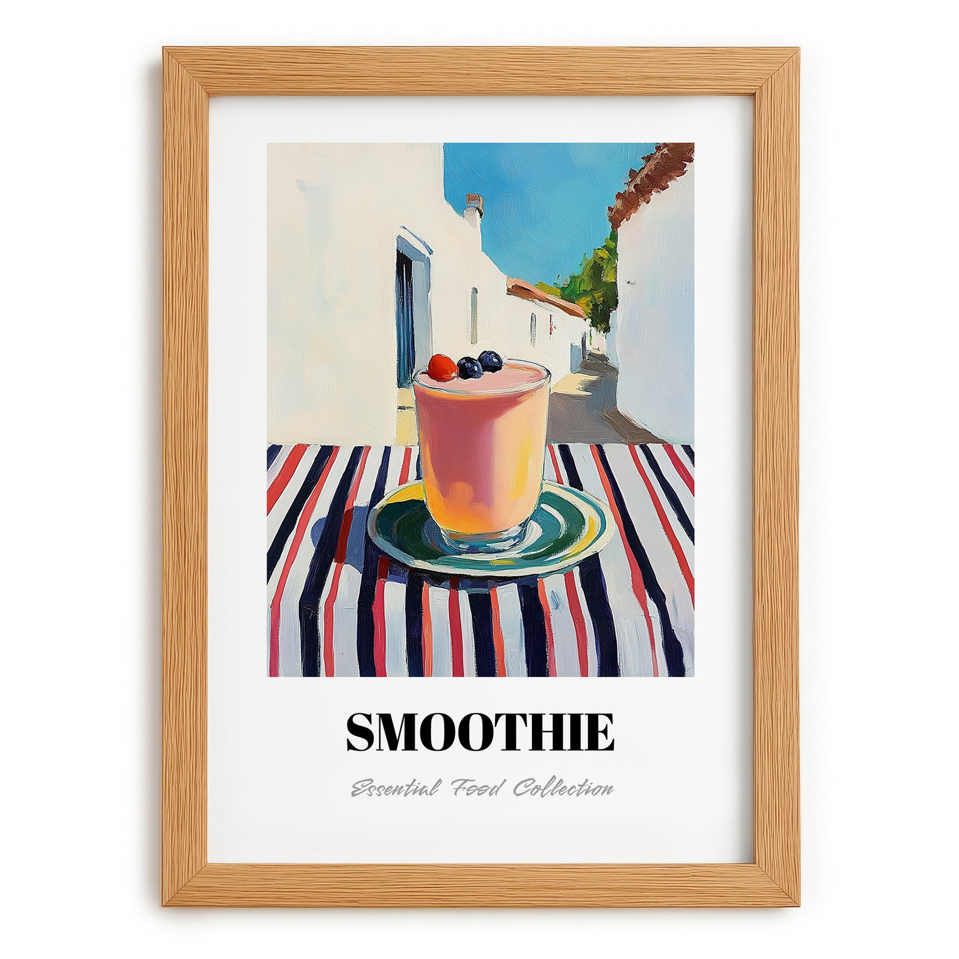 Smoothie – White village Urban Café Scene, American Drink Illustration, set in oak frame