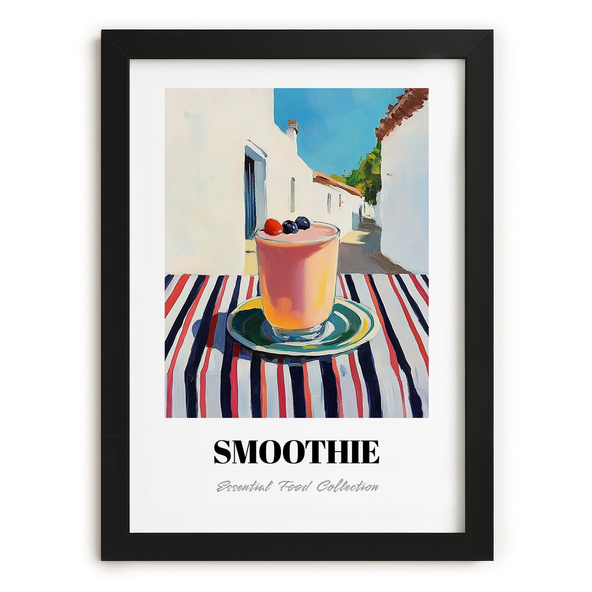 Smoothie – White village Urban Café Scene, American Drink Illustration, in sleek black frame