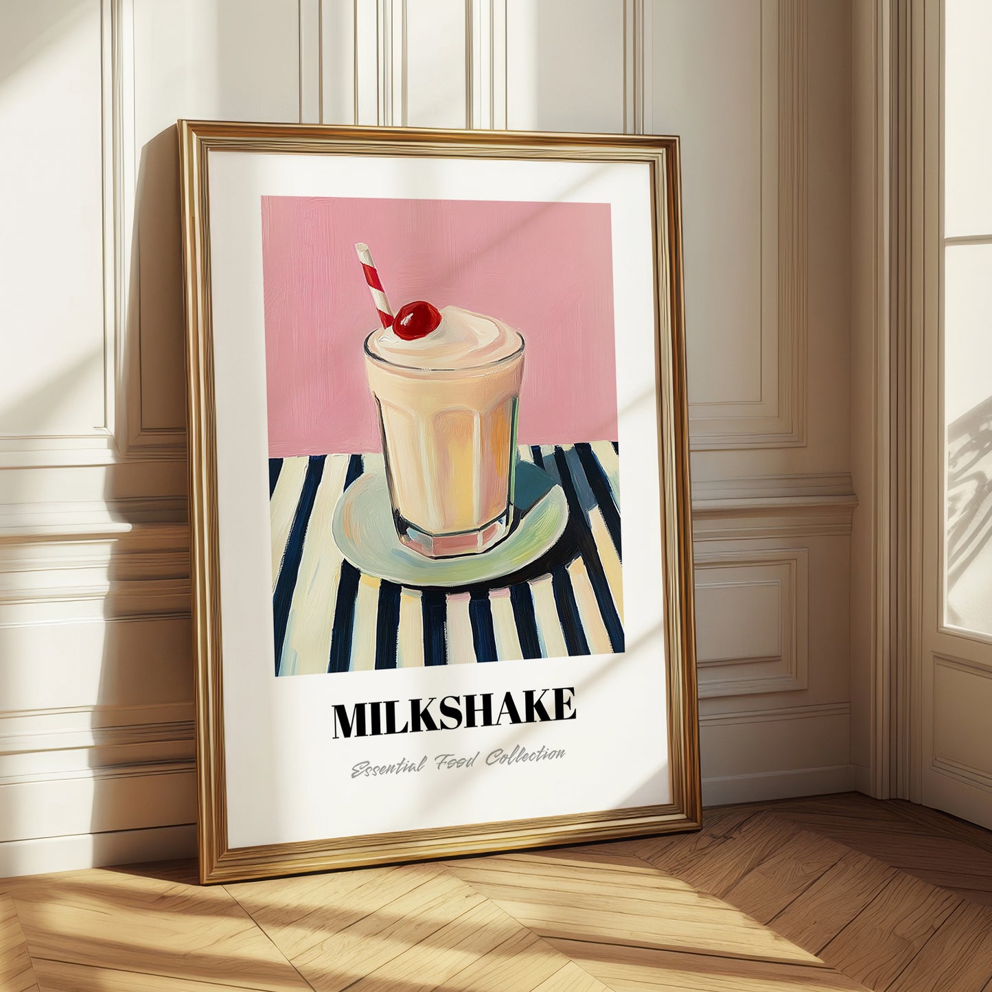 Milkshake – on Striped Tablecloth, American Drink Illustration 