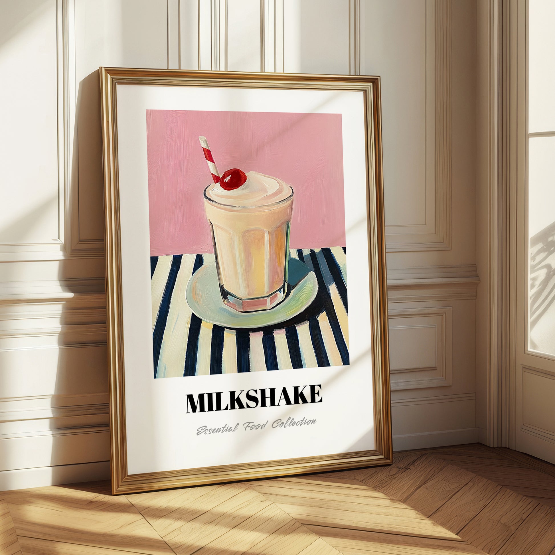 Milkshake – on Striped Tablecloth, American Drink Illustration 