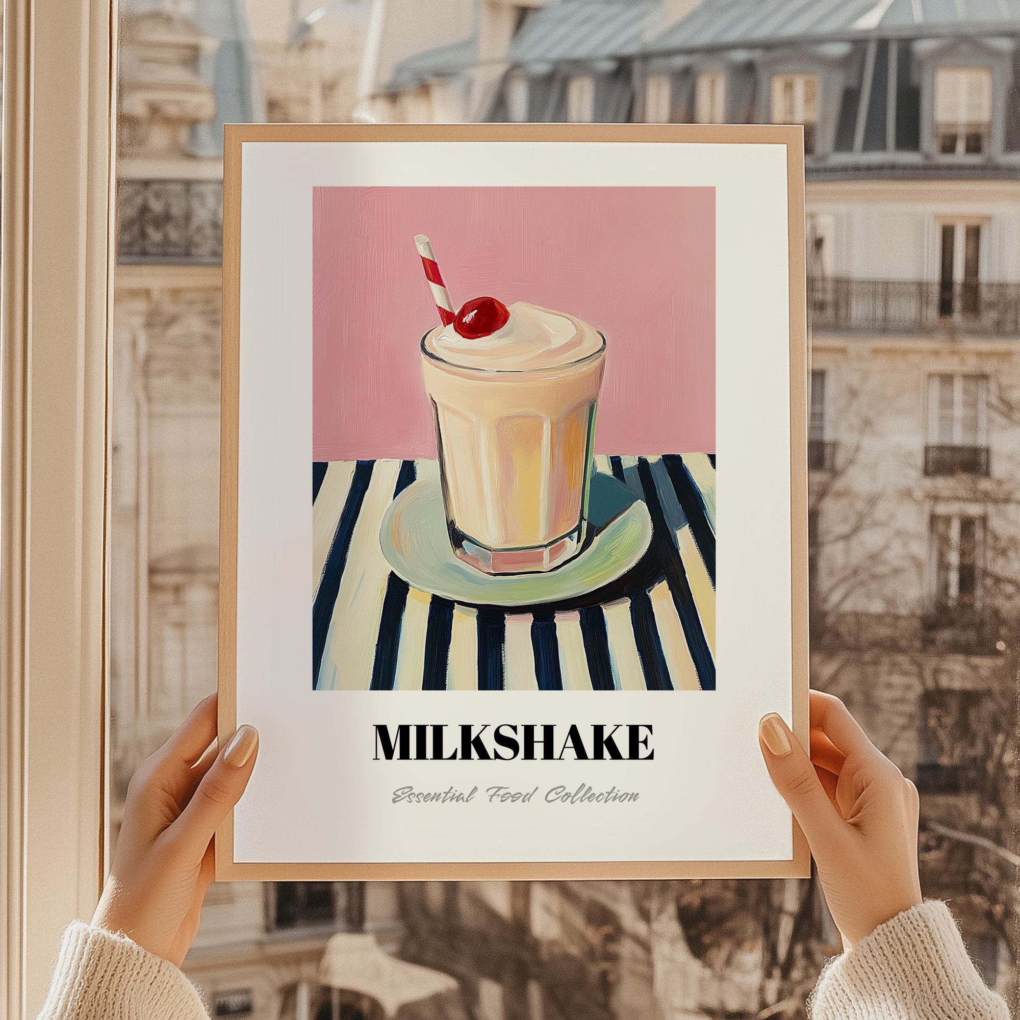 Milkshake – on Striped Tablecloth, American Drink Illustration, styled in a charming Paris street view