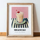 Milkshake – on Striped Tablecloth, American Drink Illustration, in wooden frame leaning on the floor