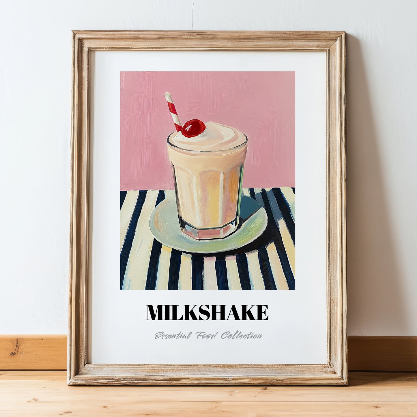 Milkshake – on Striped Tablecloth, American Drink Illustration, in wooden frame leaning on the floor