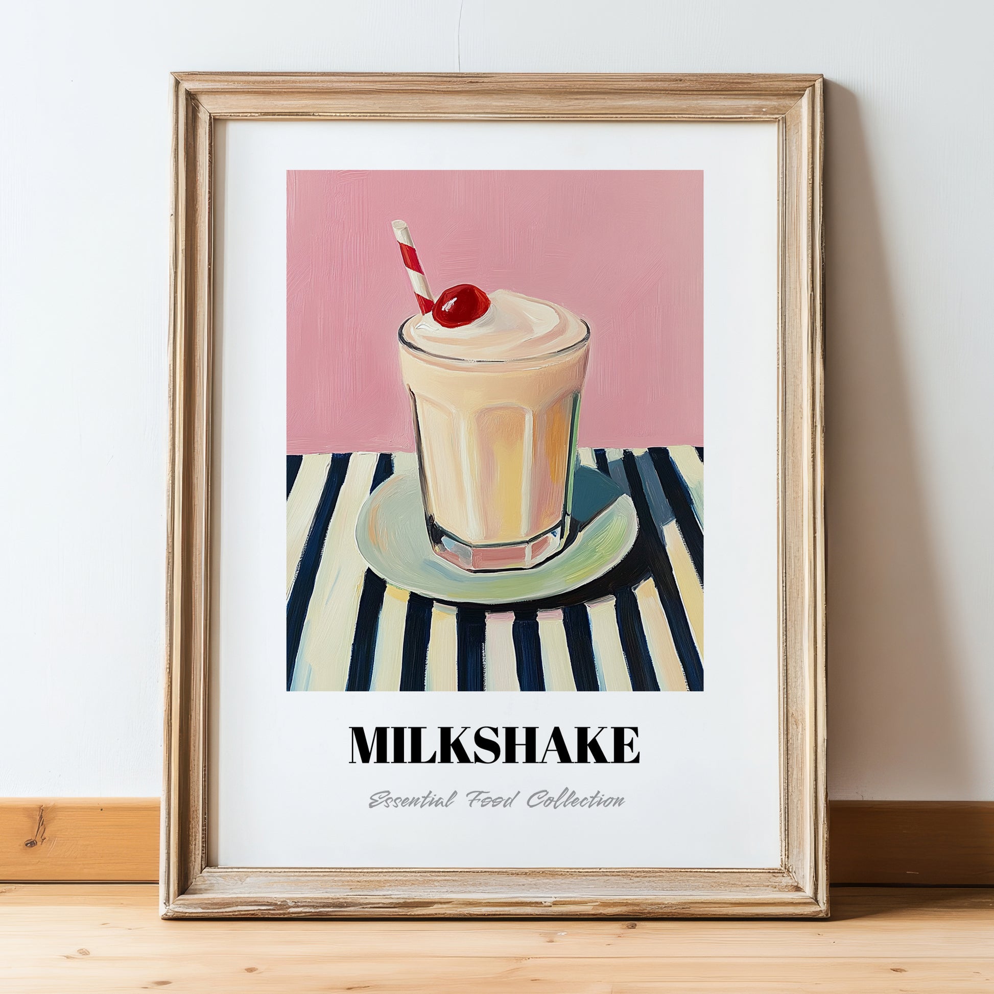 Milkshake – on Striped Tablecloth, American Drink Illustration, in wooden frame leaning on the floor