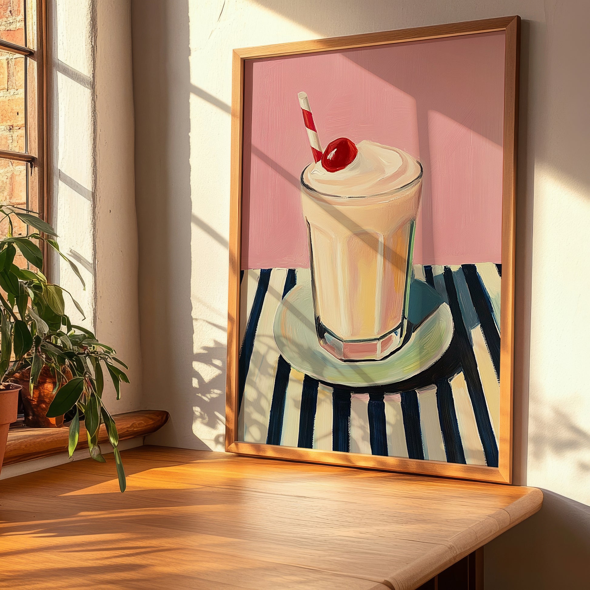 Milkshake – on Striped Tablecloth, American Drink Illustration, clean layout with no caption