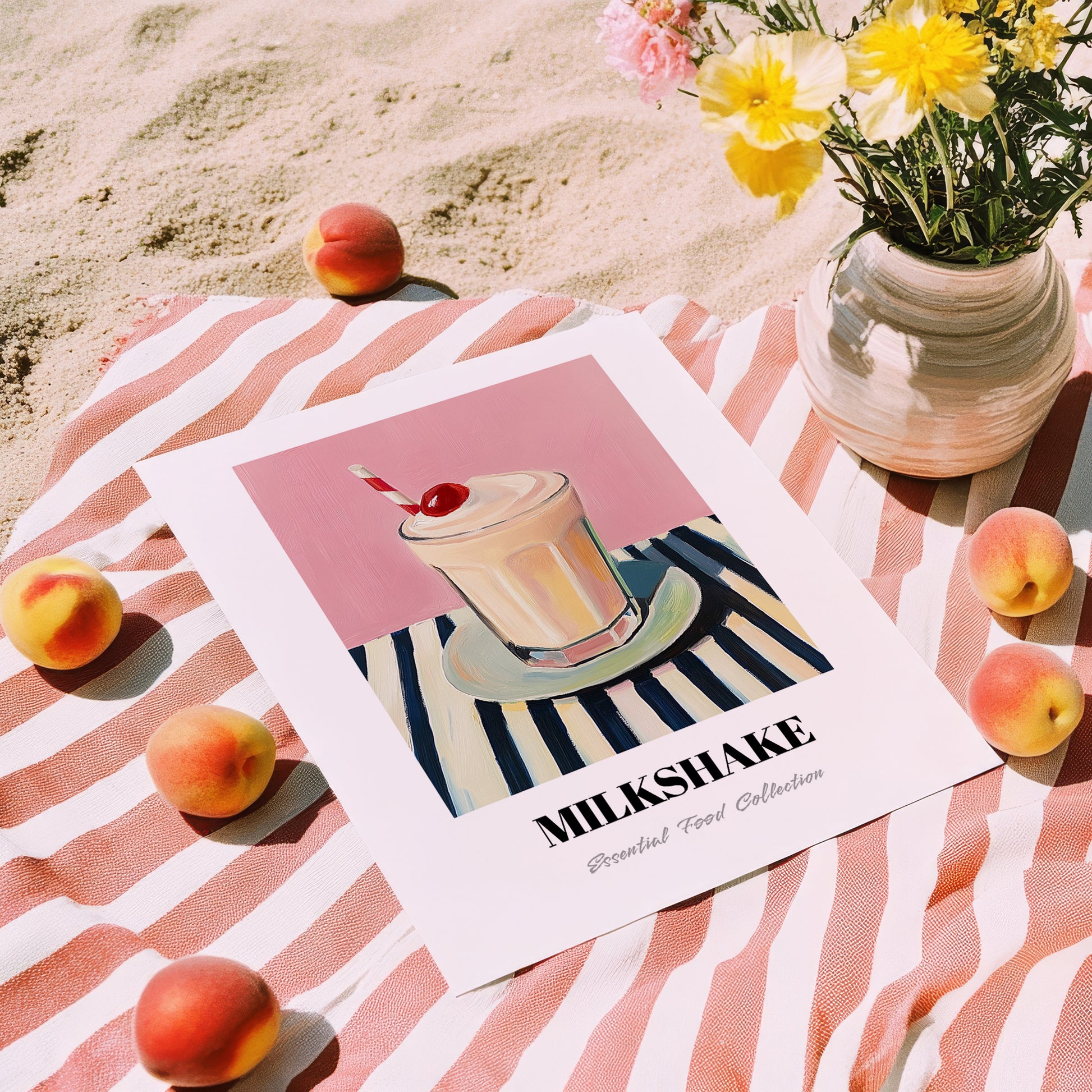 Milkshake – on Striped Tablecloth, American Drink Illustration, unframed on coastal sand