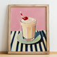 Milkshake – on Striped Tablecloth, American Drink Illustration, no-text version framed in wood