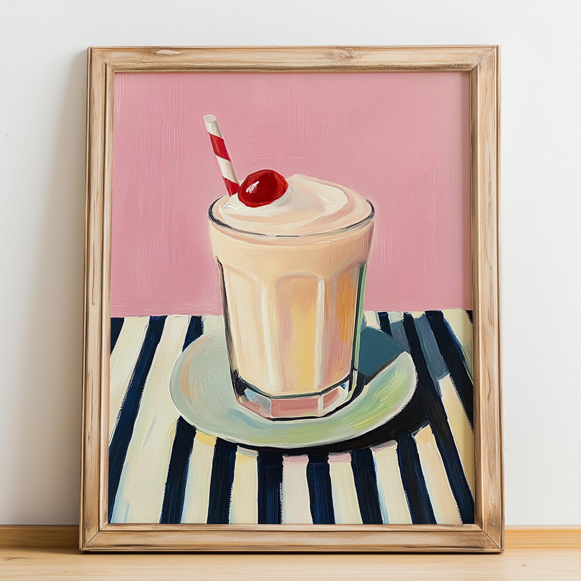 Milkshake – on Striped Tablecloth, American Drink Illustration, no-text version framed in wood