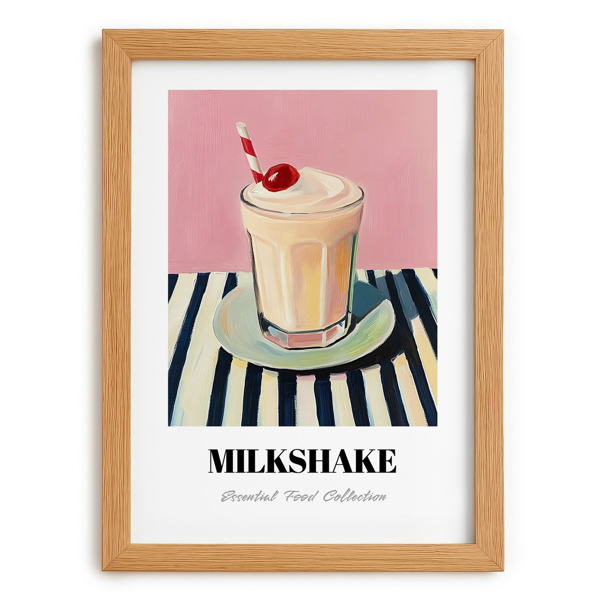 Milkshake – on Striped Tablecloth, American Drink Illustration, set in oak frame