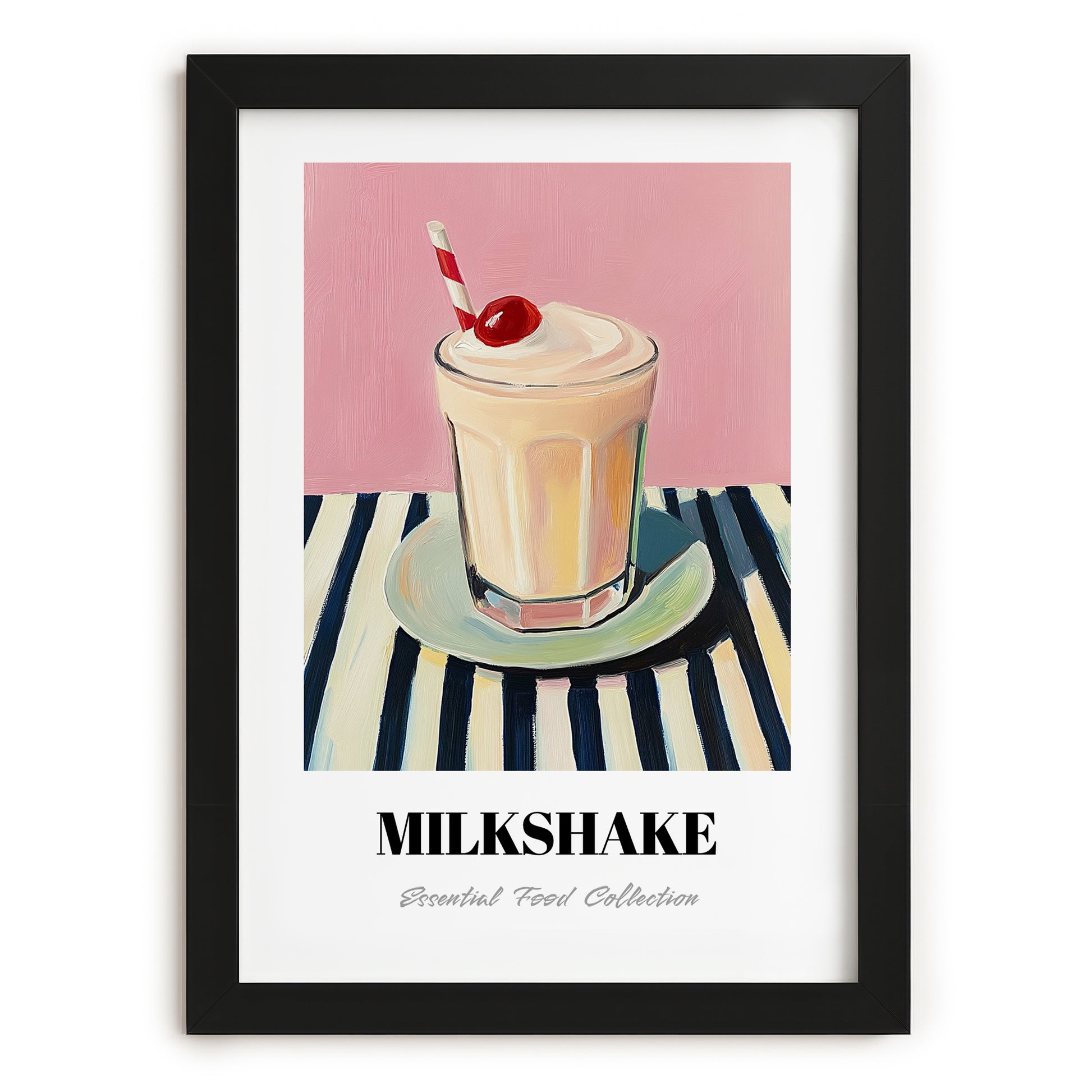 Milkshake – on Striped Tablecloth, American Drink Illustration, in sleek black frame