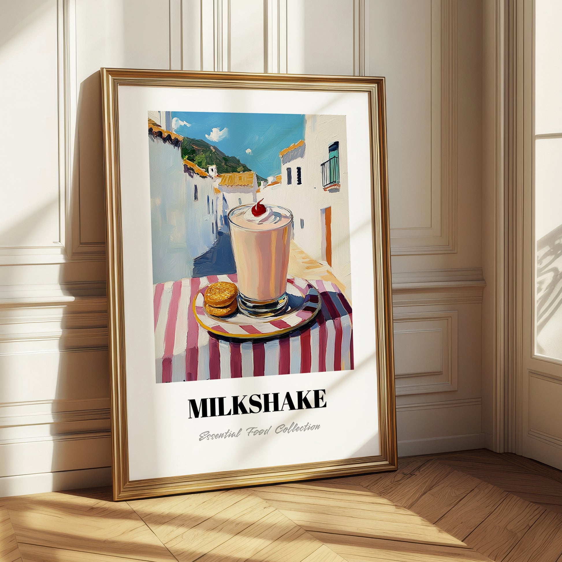 Milkshake – White village Urban Café Scene, American Drink Painting 