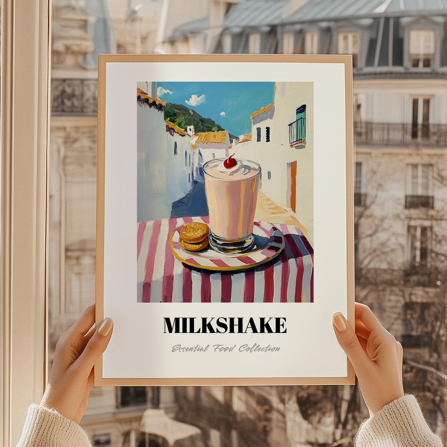 Milkshake – White village Urban Café Scene, American Drink Painting, styled in a charming Paris street view