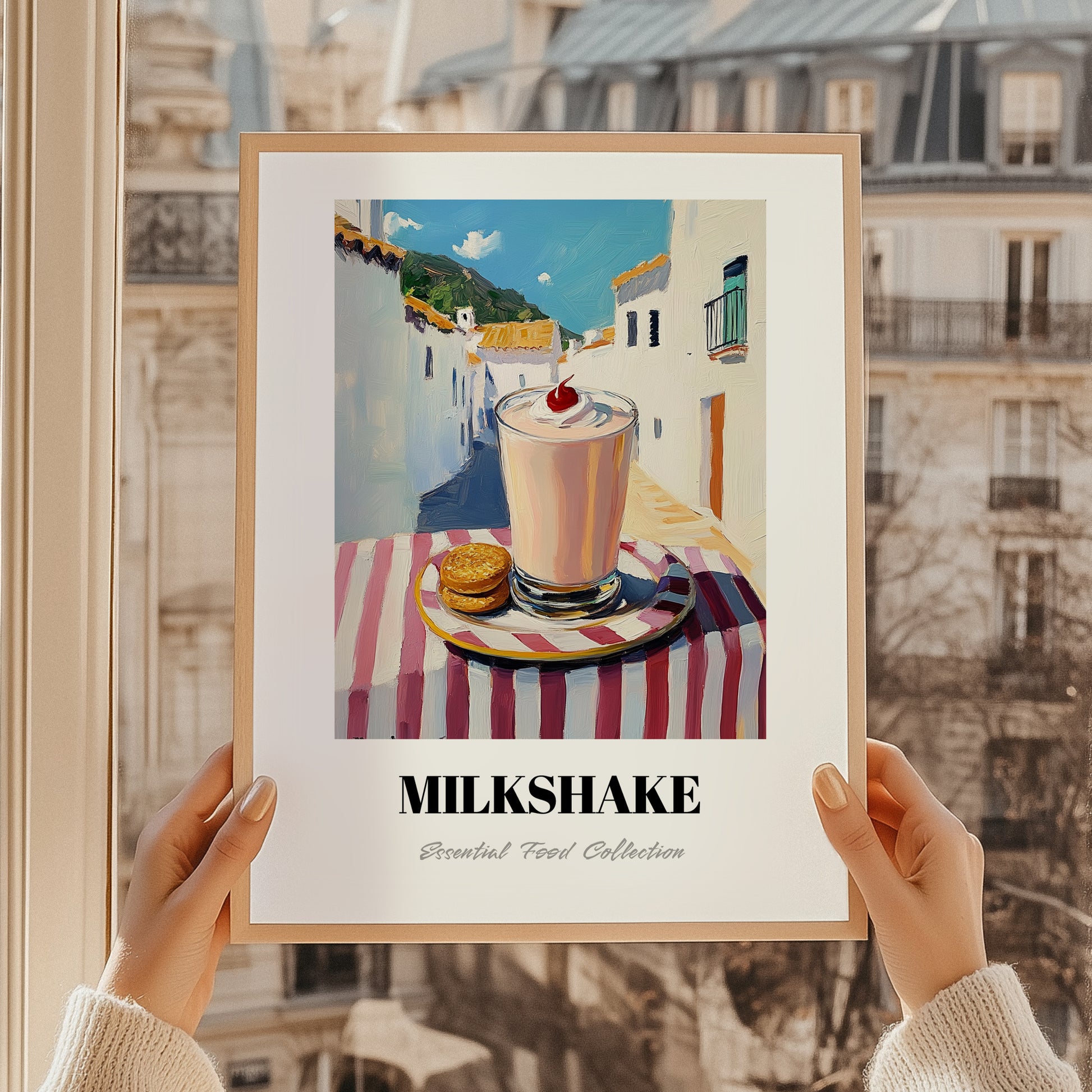 Milkshake – White village Urban Café Scene, American Drink Painting, styled in a charming Paris street view