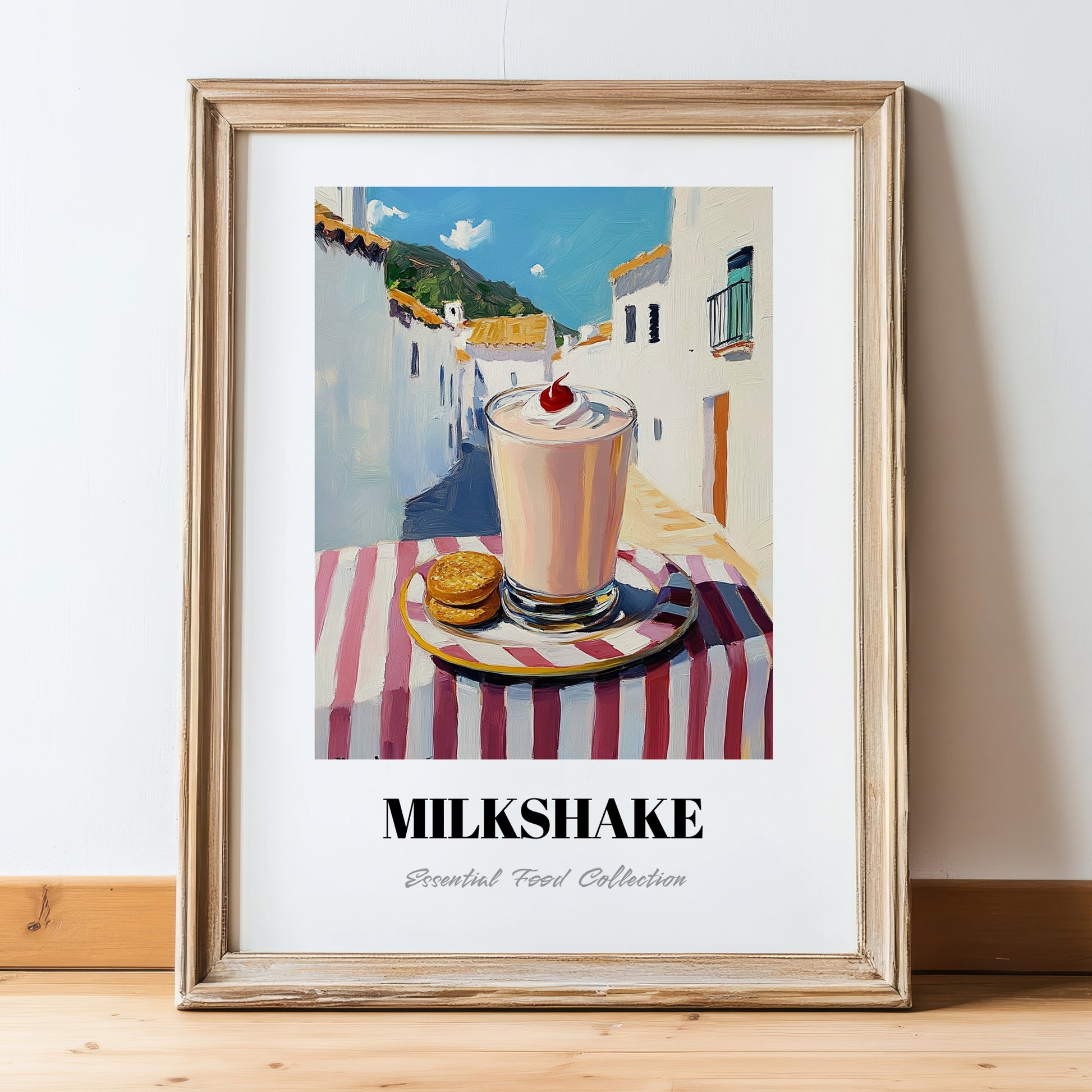 Milkshake – White village Urban Café Scene, American Drink Painting, in wooden frame leaning on the floor