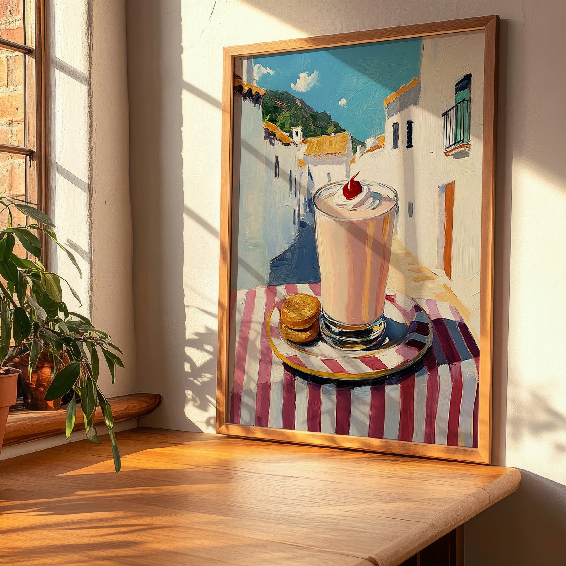 Milkshake – White village Urban Café Scene, American Drink Painting, clean layout with no caption