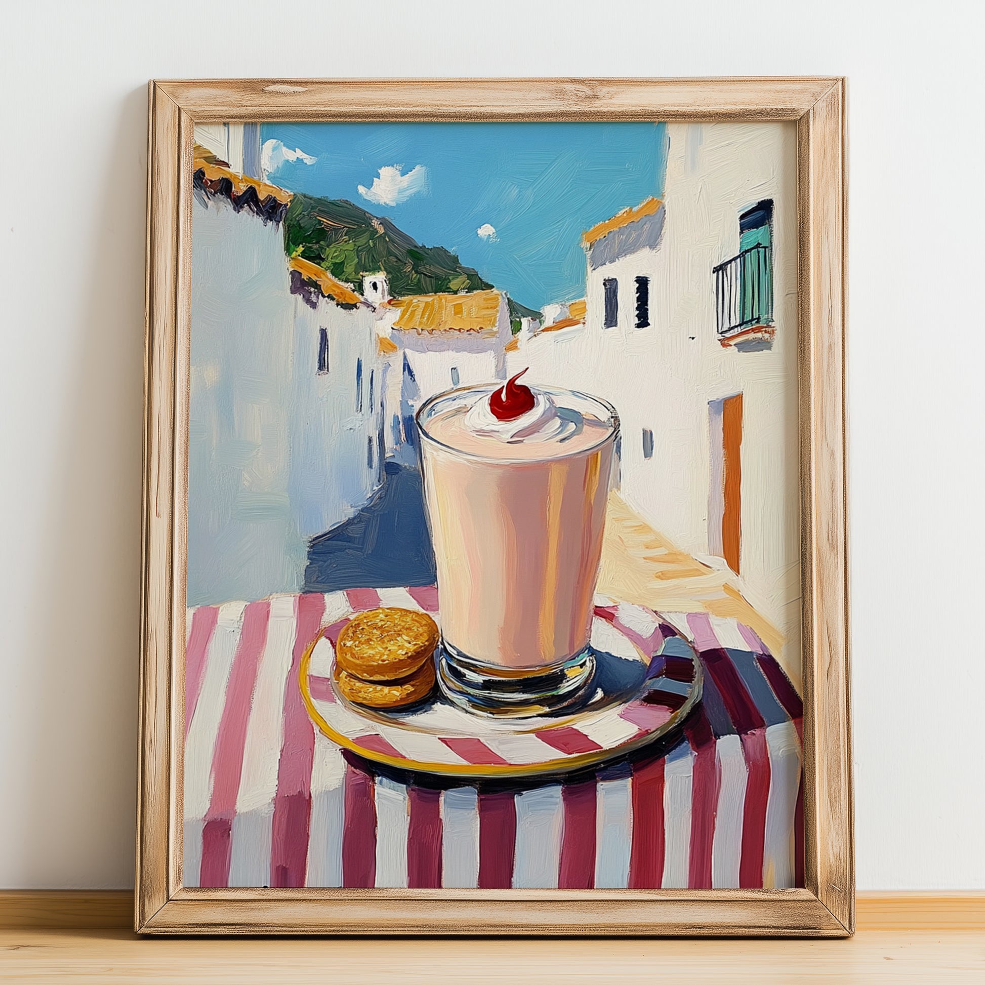 Milkshake – White village Urban Café Scene, American Drink Painting, no-text version framed in wood