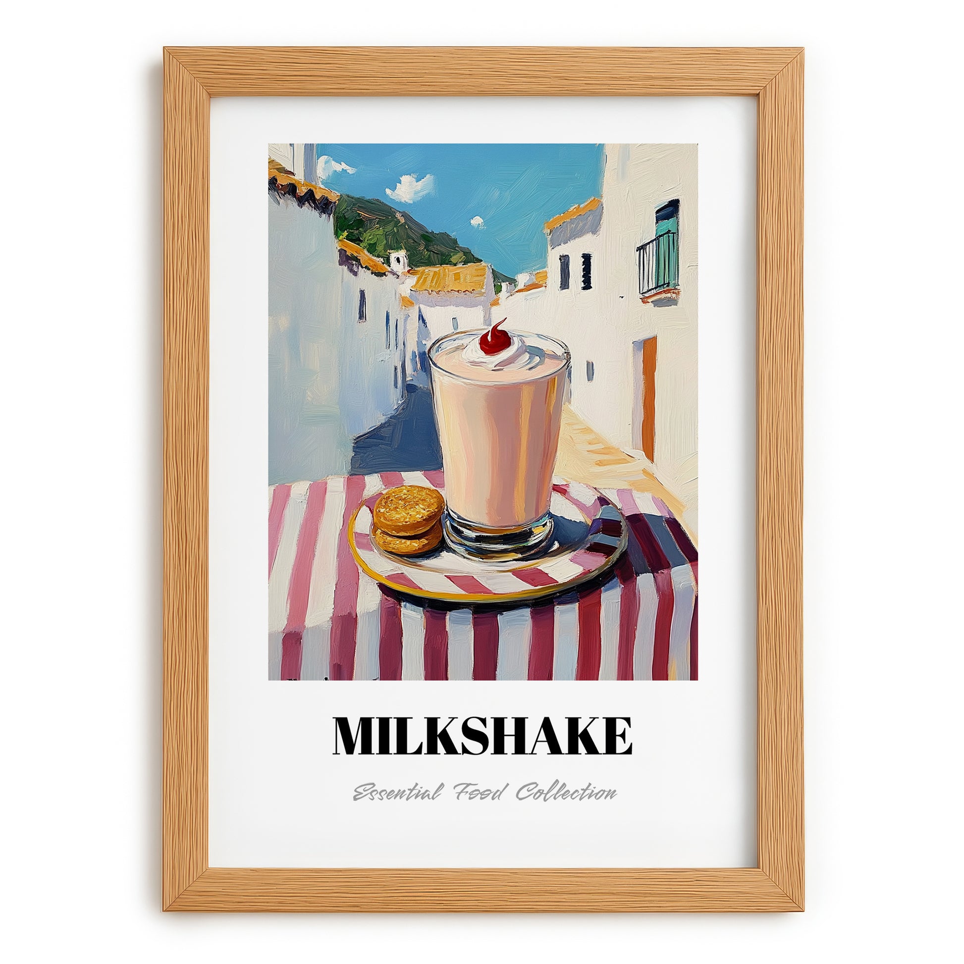 Milkshake – White village Urban Café Scene, American Drink Painting, set in oak frame