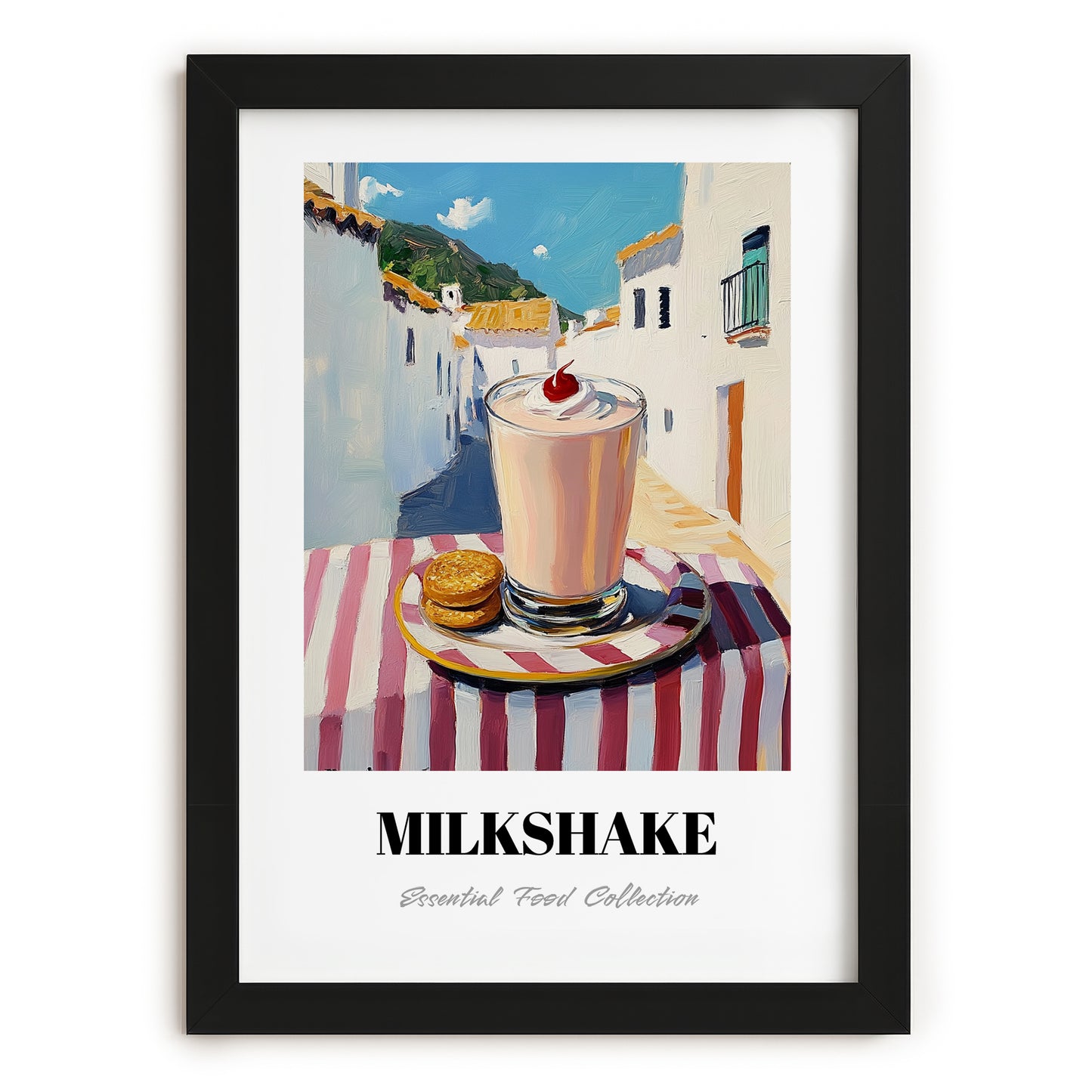 Milkshake – White village Urban Café Scene, American Drink Painting, in sleek black frame
