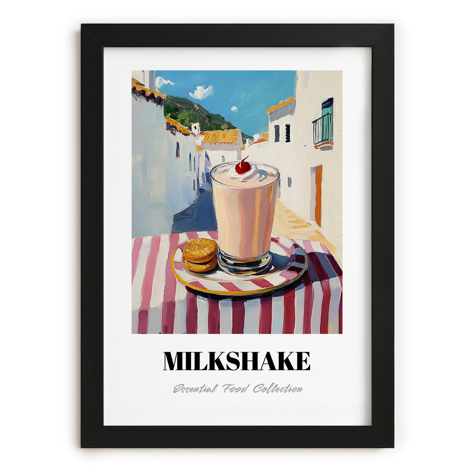 Milkshake – White village Urban Café Scene, American Drink Painting, in sleek black frame