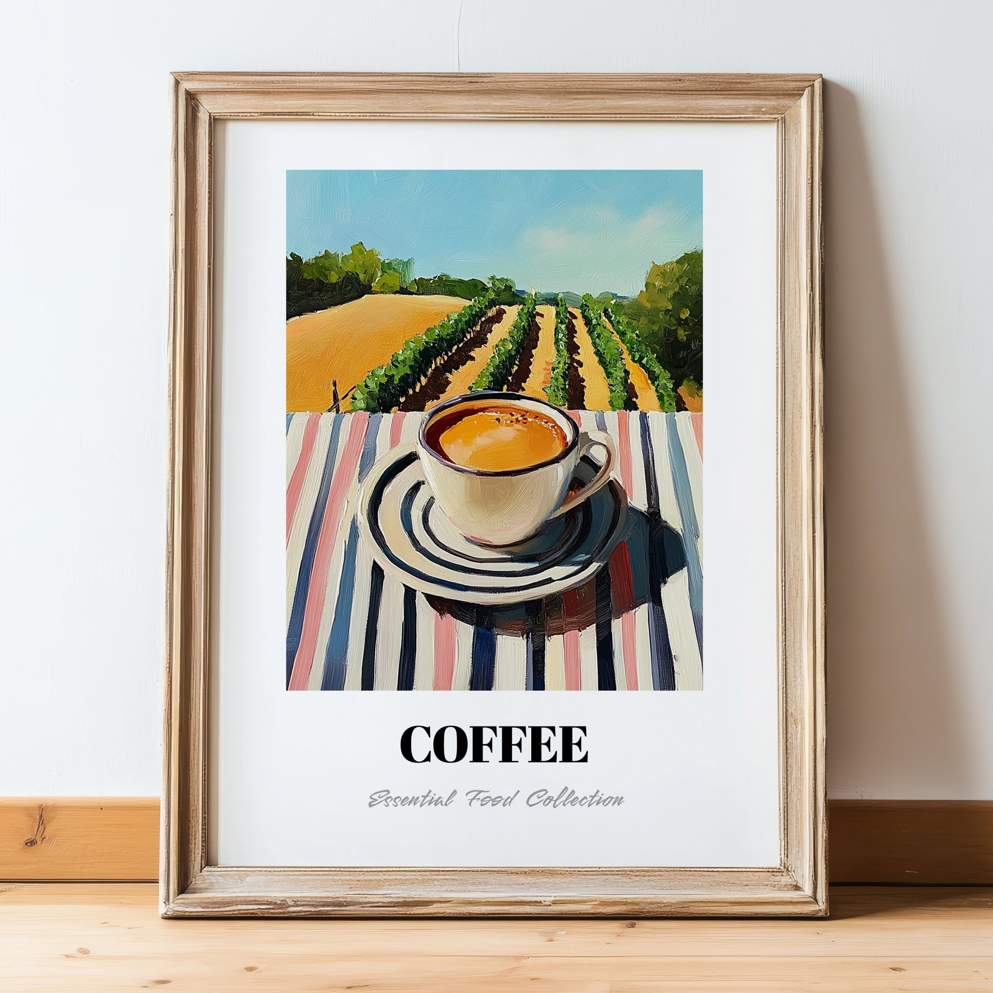 Coffee – Hilltop Café Scene, Italian Drink Painting, in wooden frame leaning on the floor