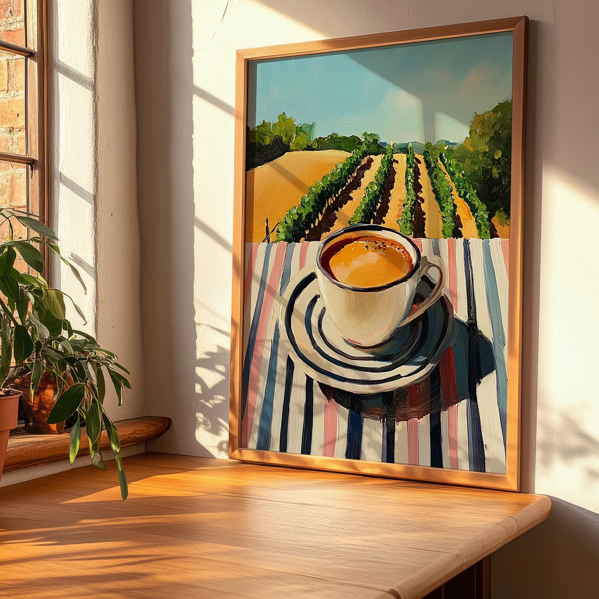 Coffee – Hilltop Café Scene, Italian Drink Painting, clean layout with no caption