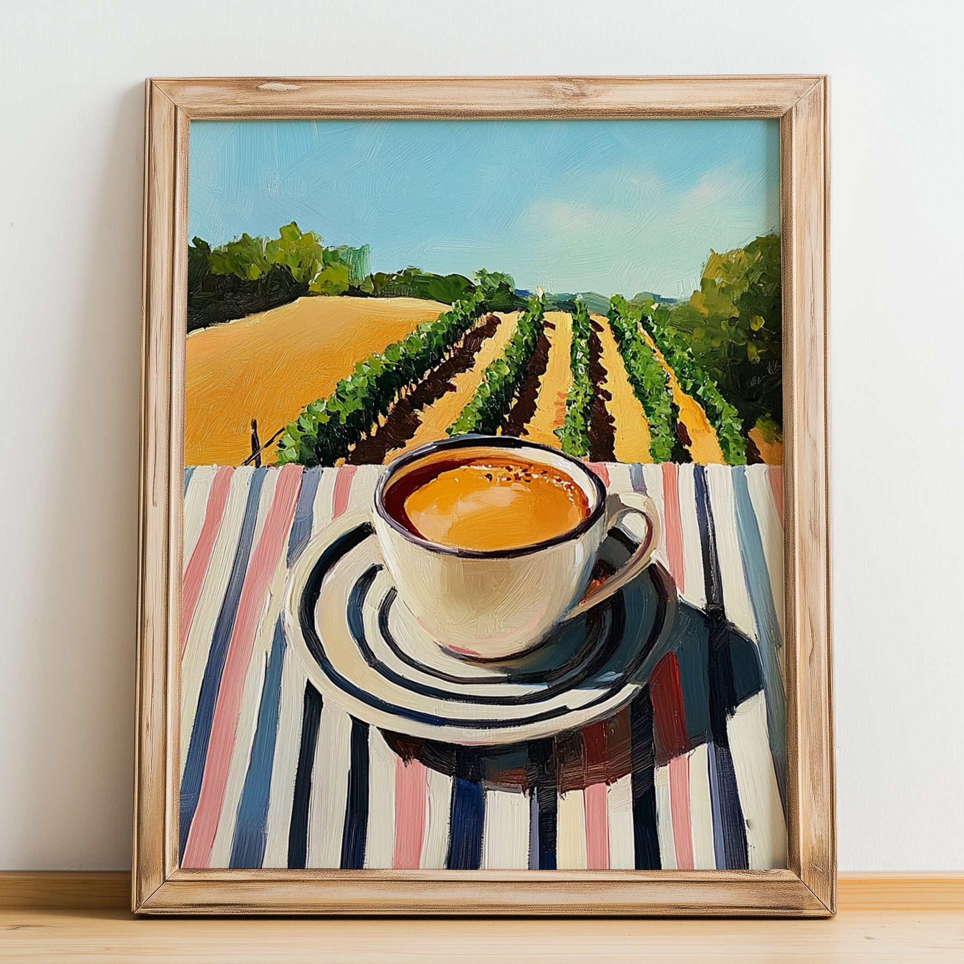 Coffee – Hilltop Café Scene, Italian Drink Painting, no-text version framed in wood