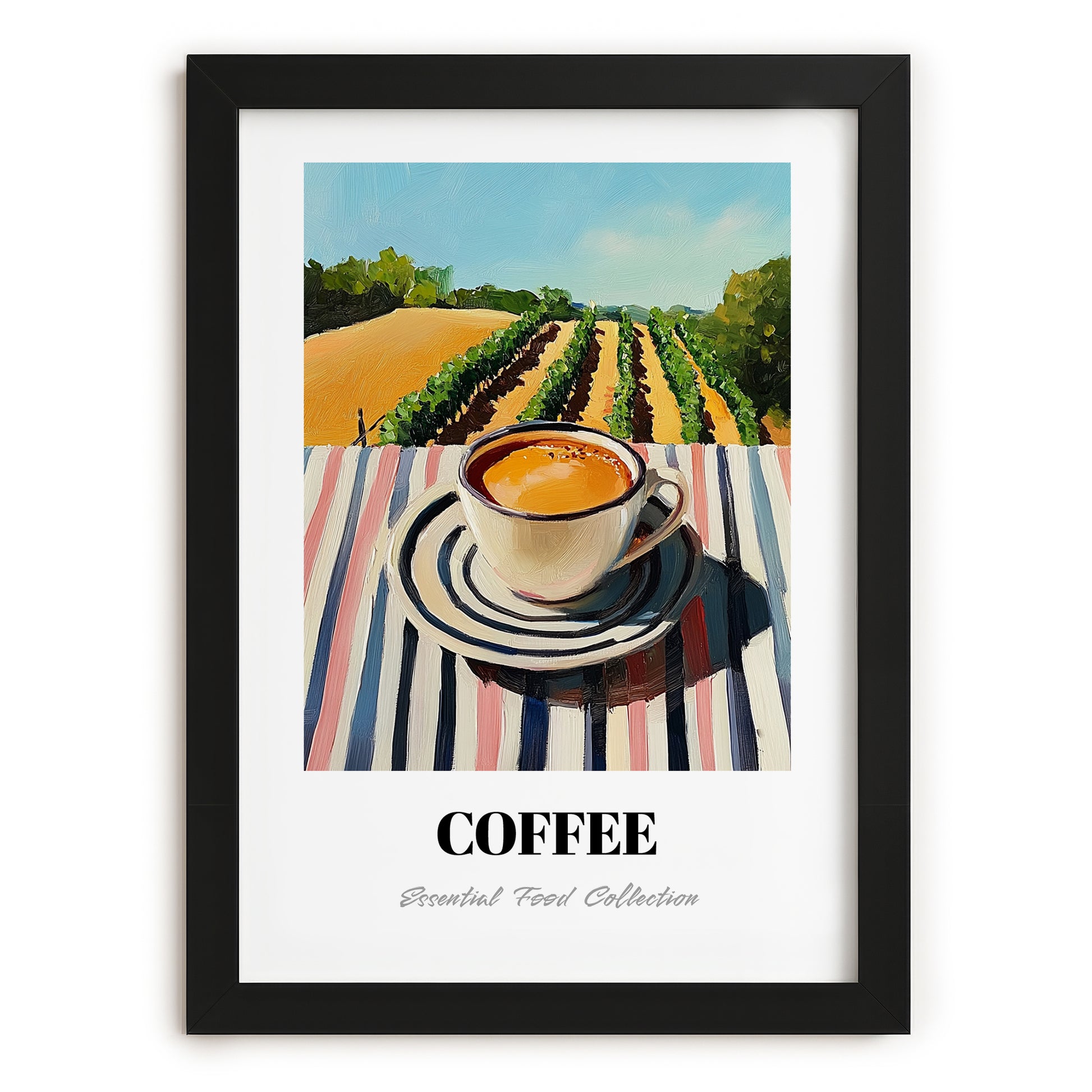 Coffee – Hilltop Café Scene, Italian Drink Painting, in sleek black frame
